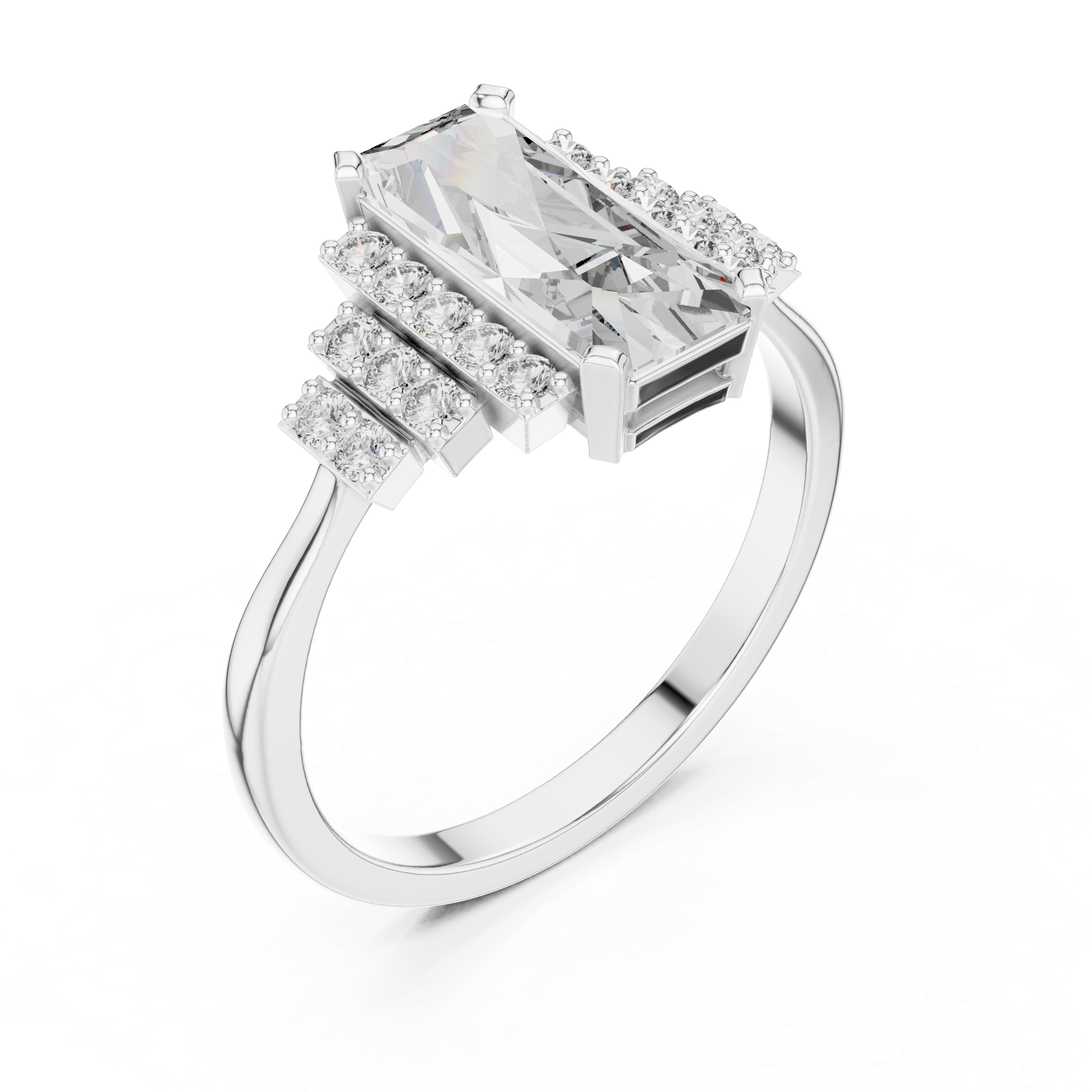 Baguette-Cut Diamond Ring with Tiered Accent Stones