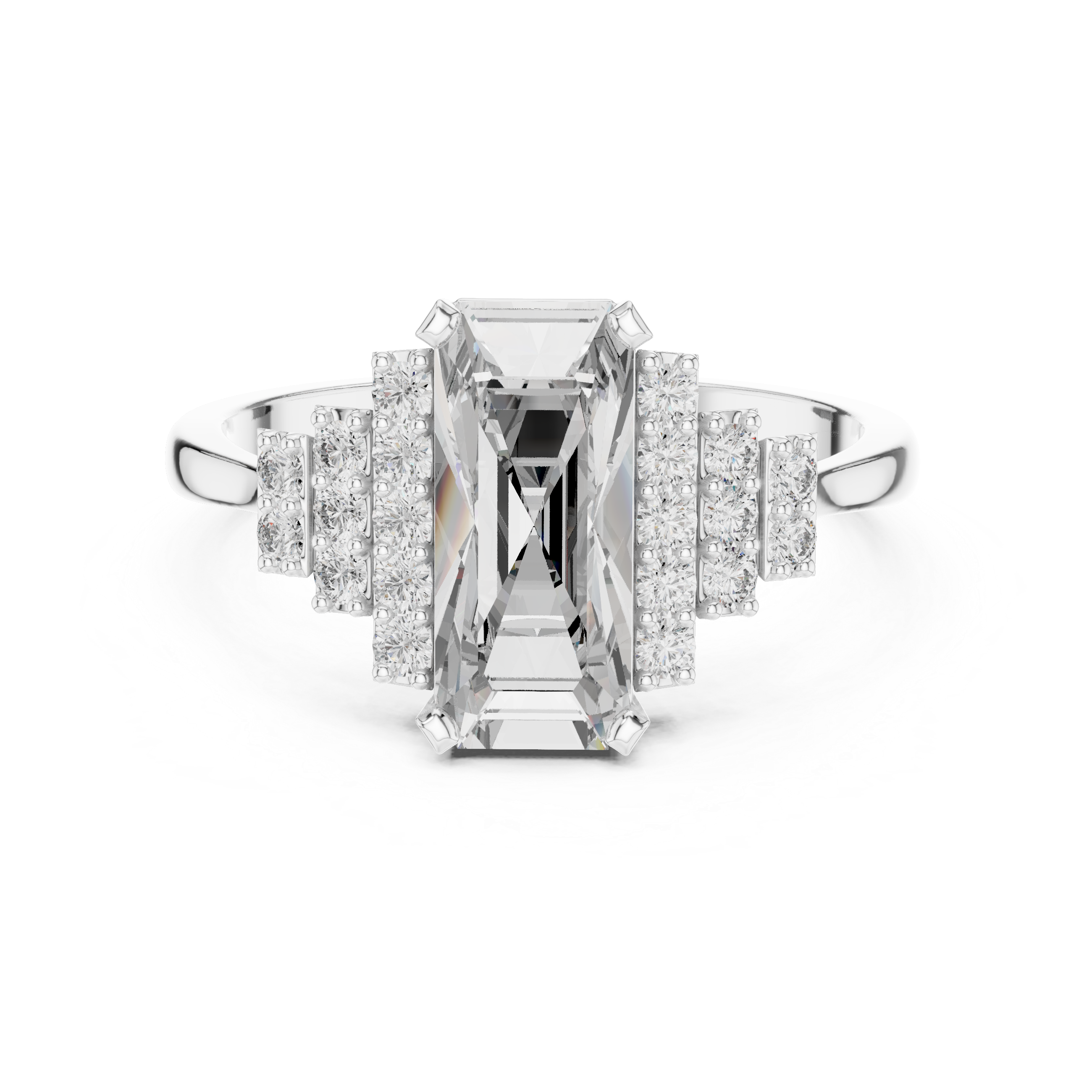Baguette-Cut Diamond Ring with Tiered Accent Stones