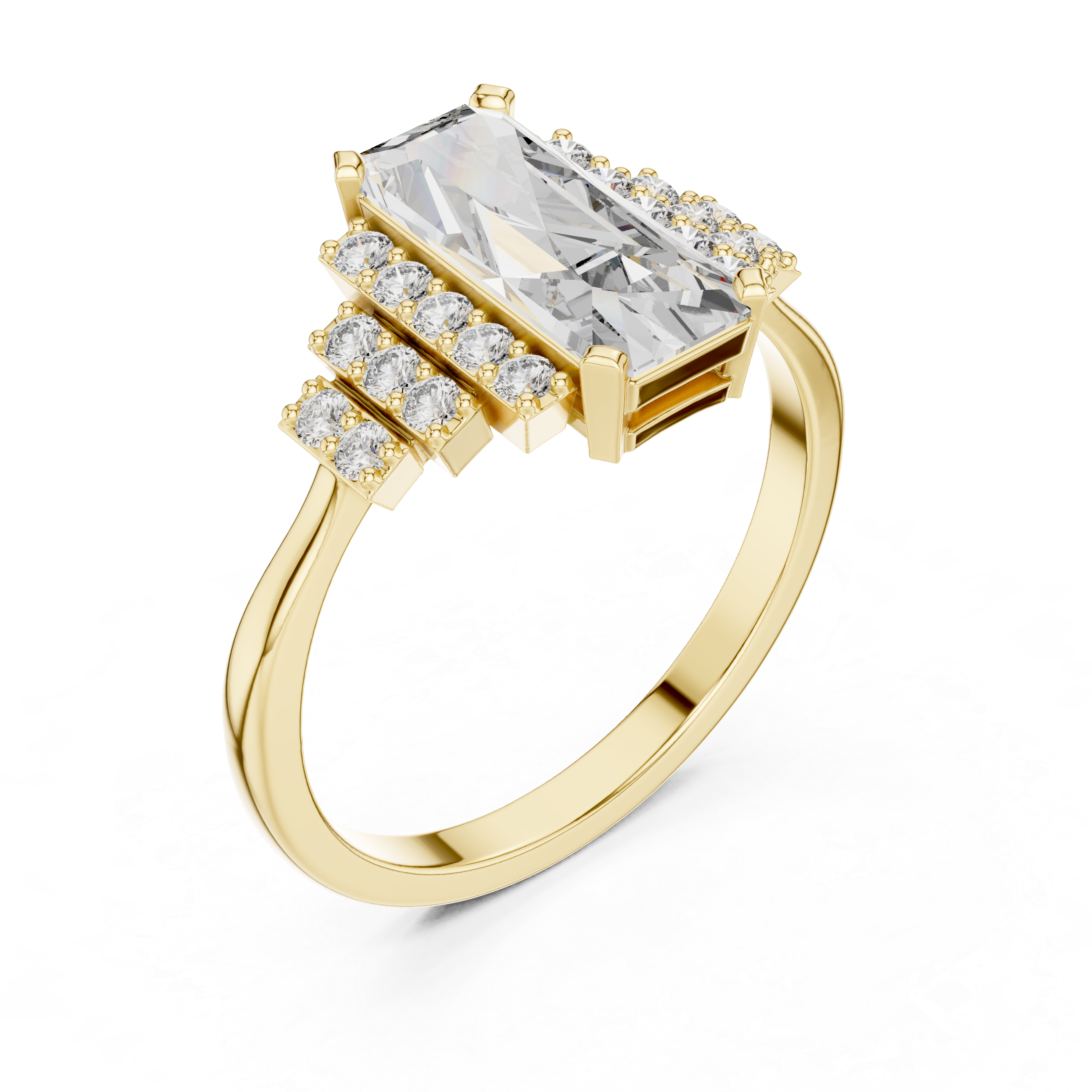Baguette-Cut Diamond Ring with Tiered Accent Stones