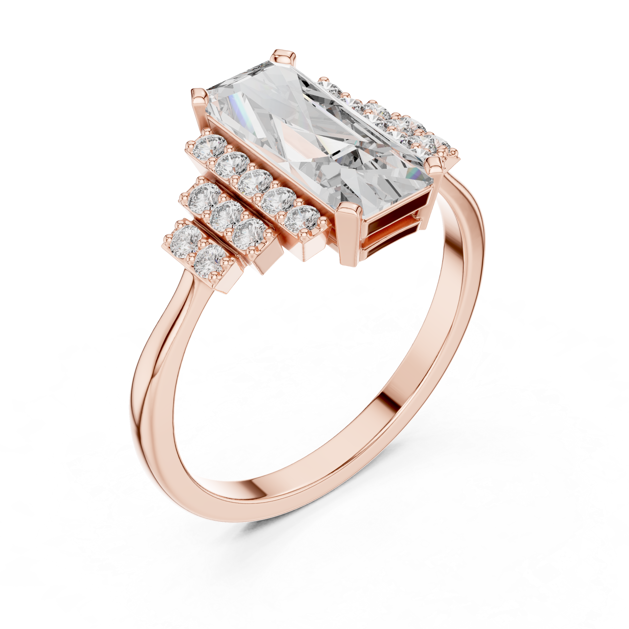 Baguette-Cut Statement Ring with Triple Row Diamond Accents
