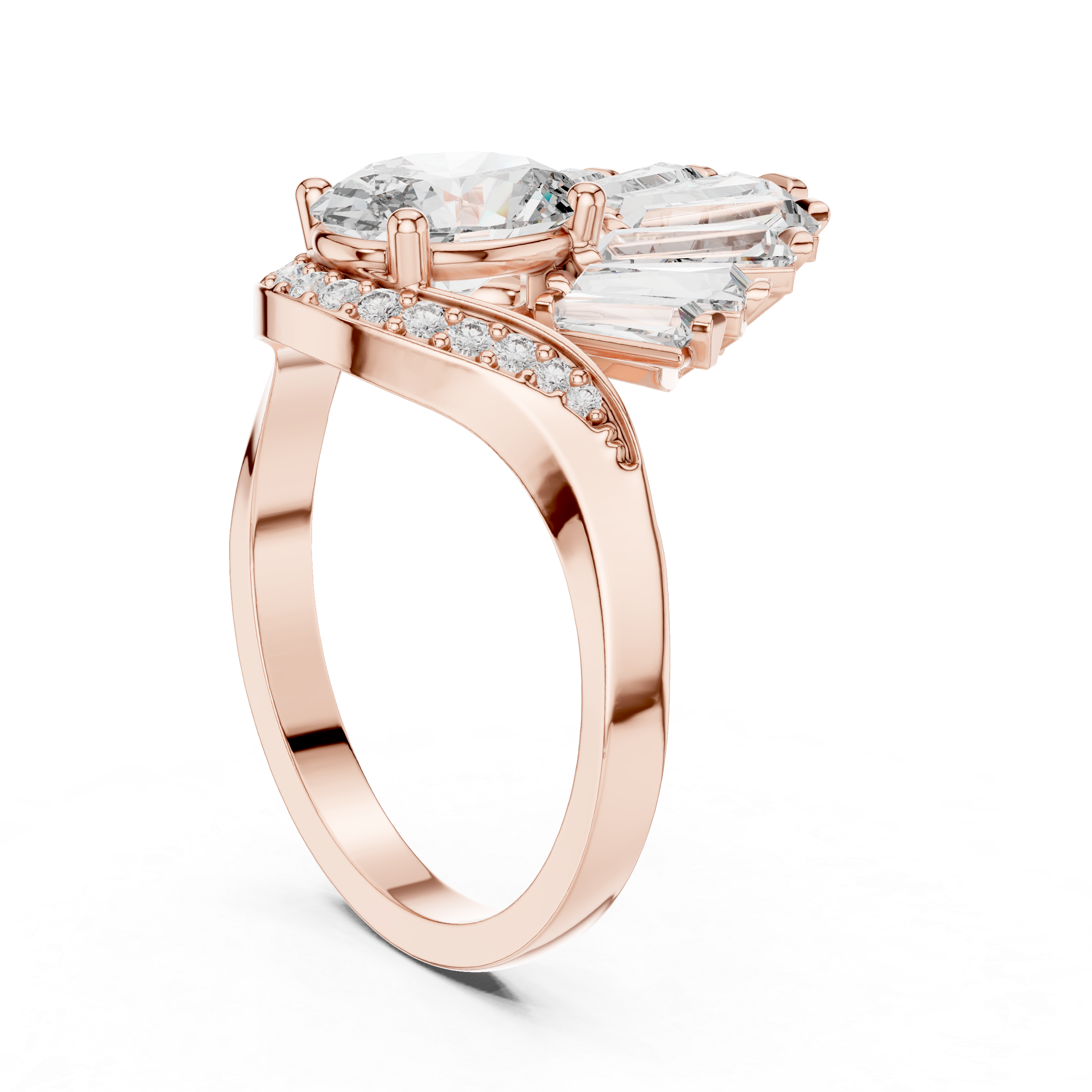 Fan Halo Ring with Oval-Cut Center and Tapered Baguette Diamonds