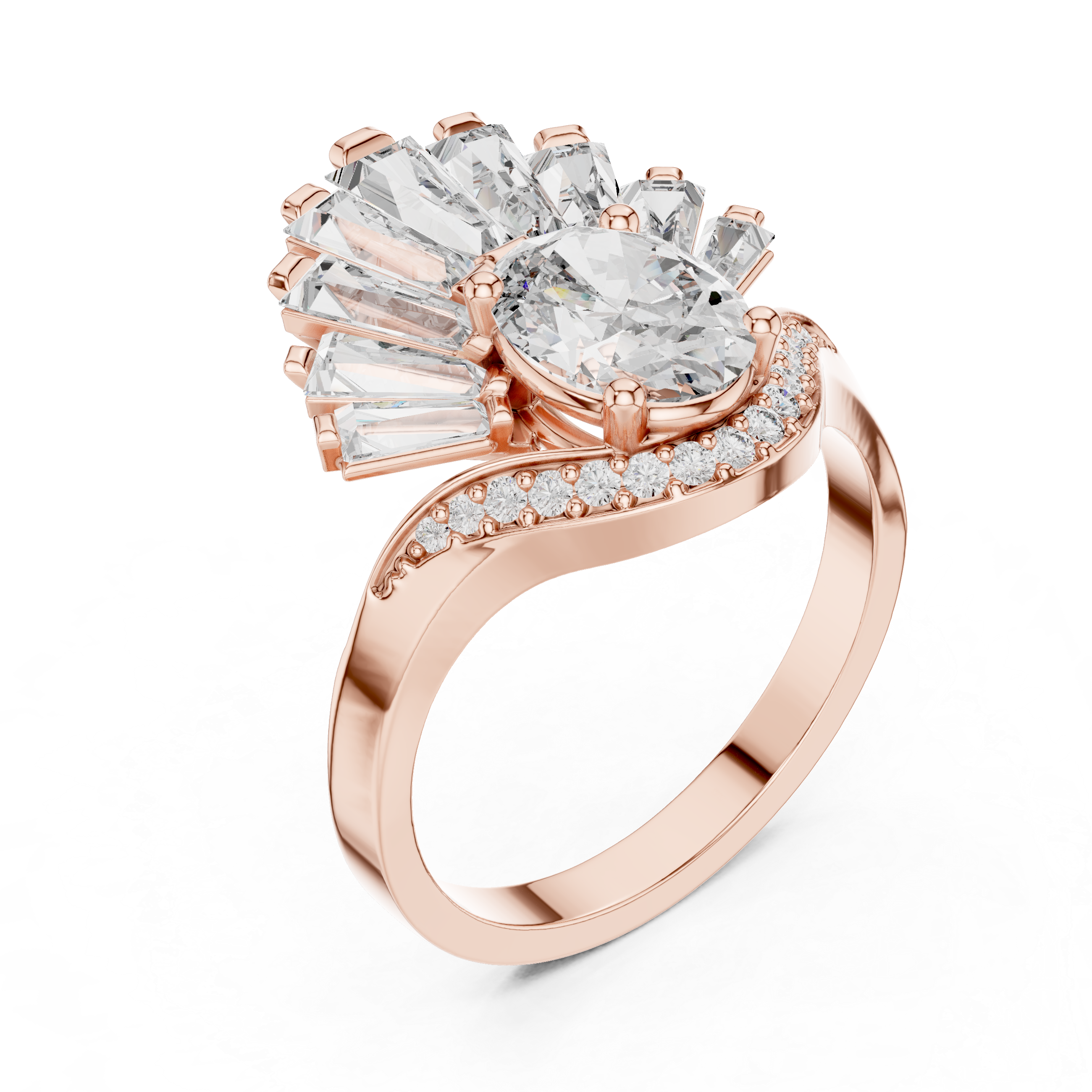 Fan Halo Ring with Oval-Cut Center and Tapered Baguette Diamonds