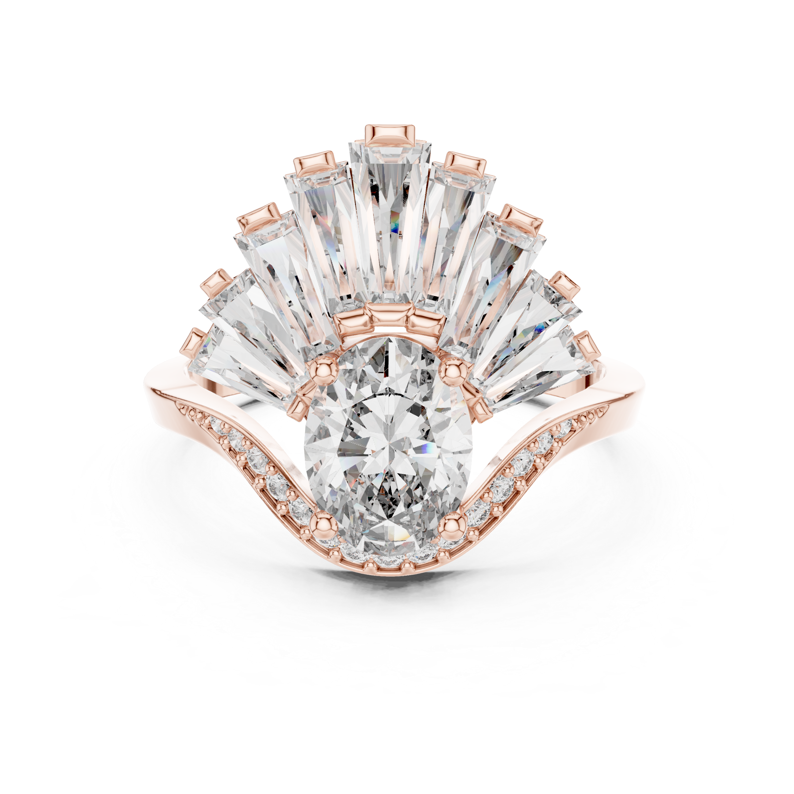Fan Halo Ring with Oval-Cut Center and Tapered Baguette Diamonds