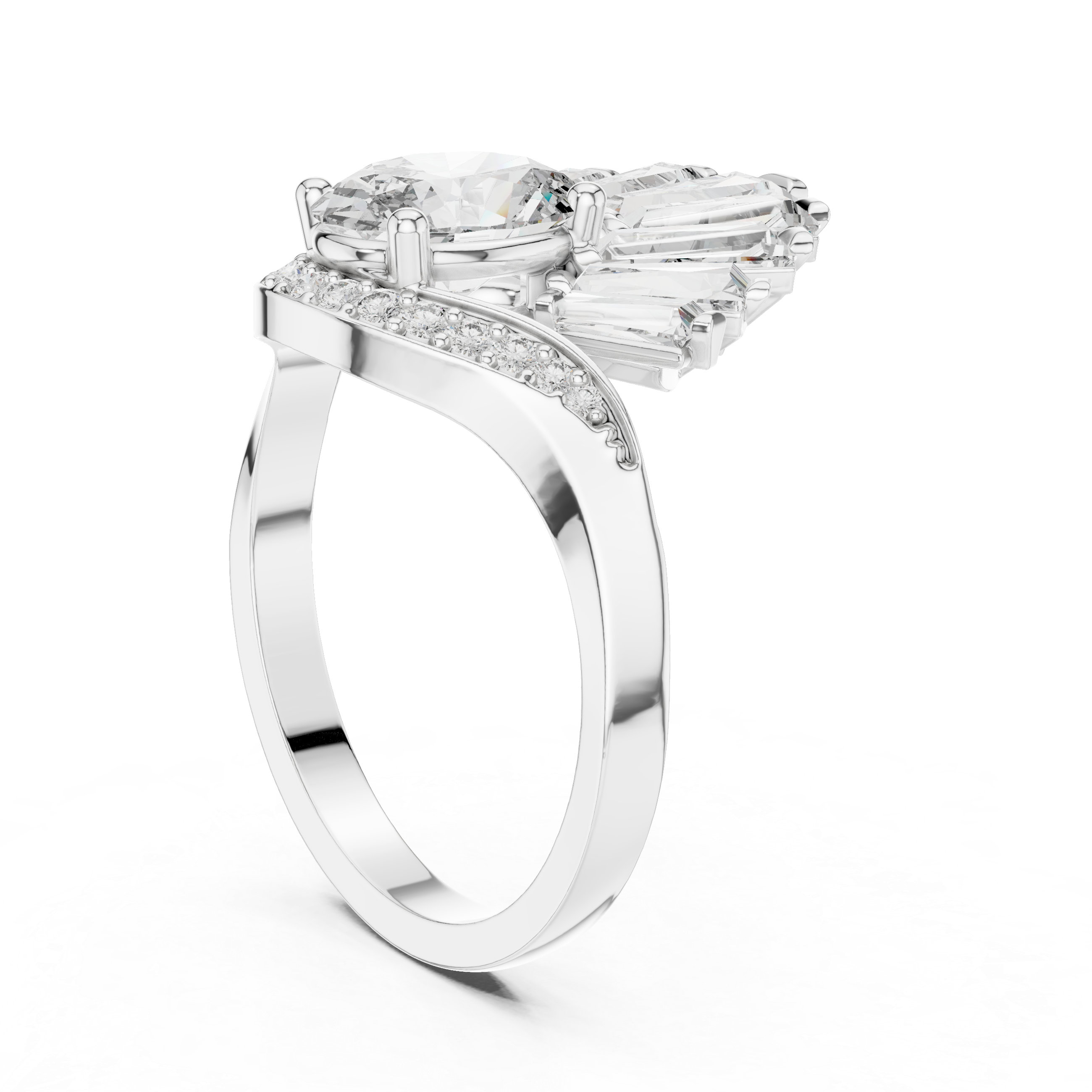 Fan Halo Ring with Oval-Cut Center and Tapered Baguette Diamonds