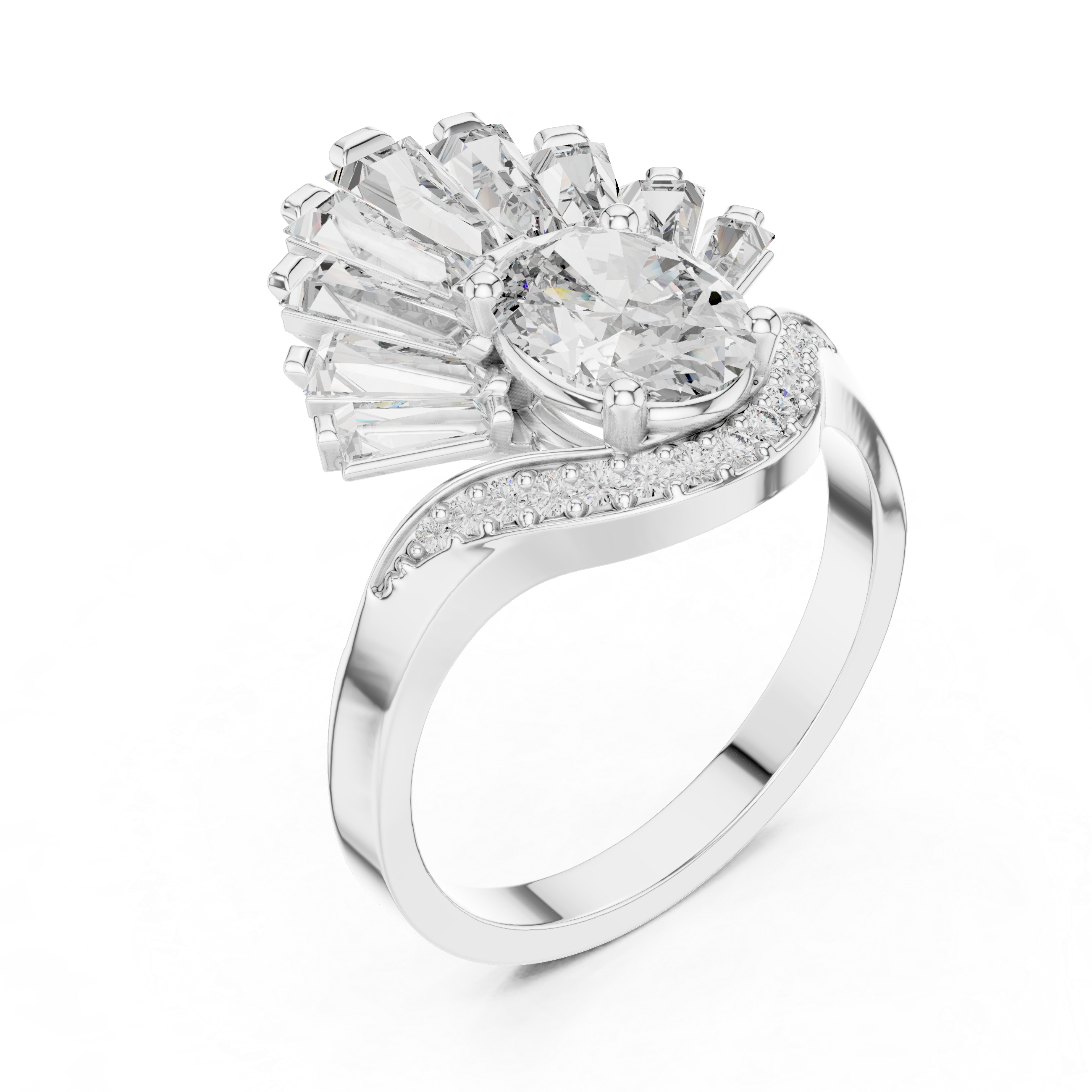 Fan Halo Ring with Oval-Cut Center and Tapered Baguette Diamonds