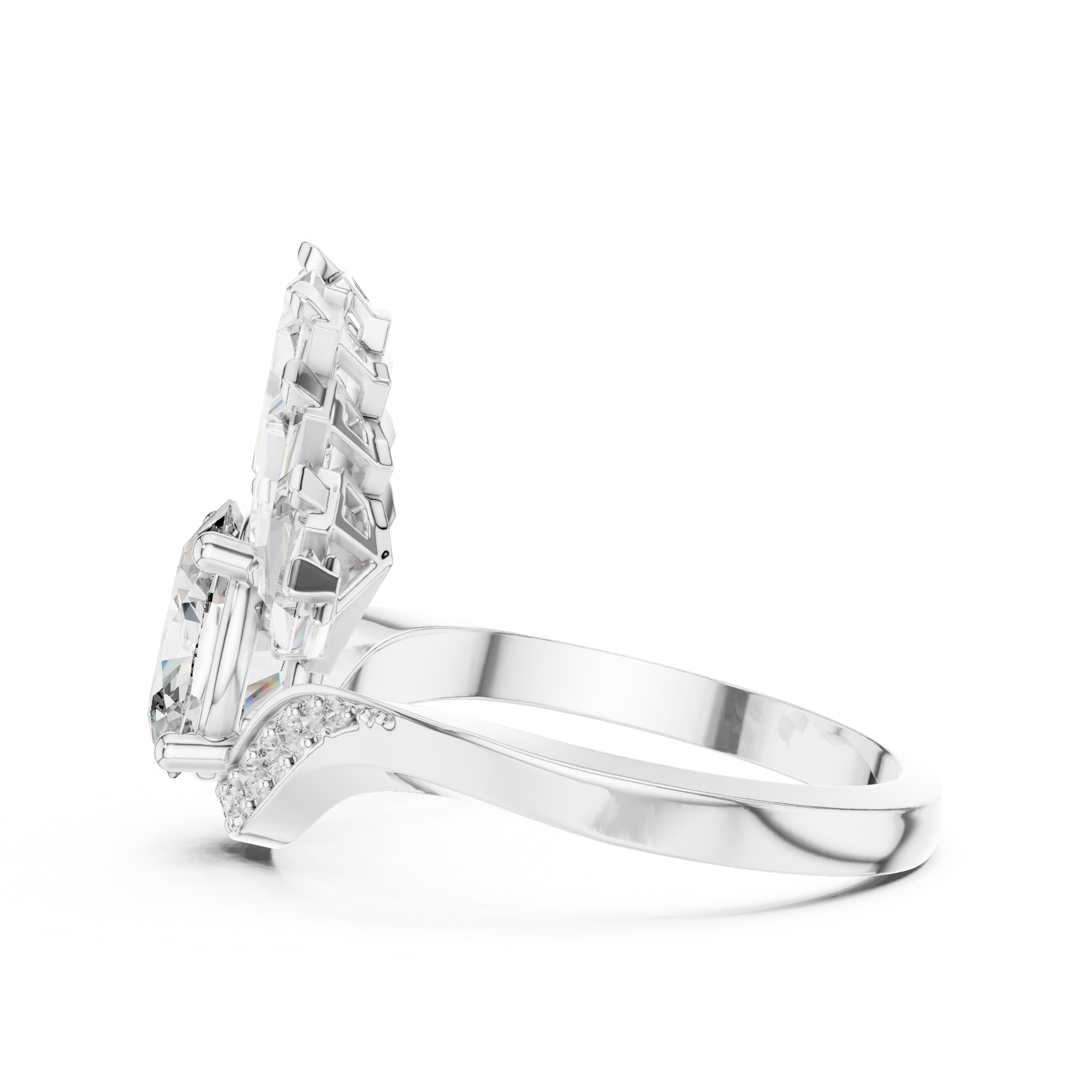 Fan Halo Ring with Oval-Cut Center and Tapered Baguette Diamonds