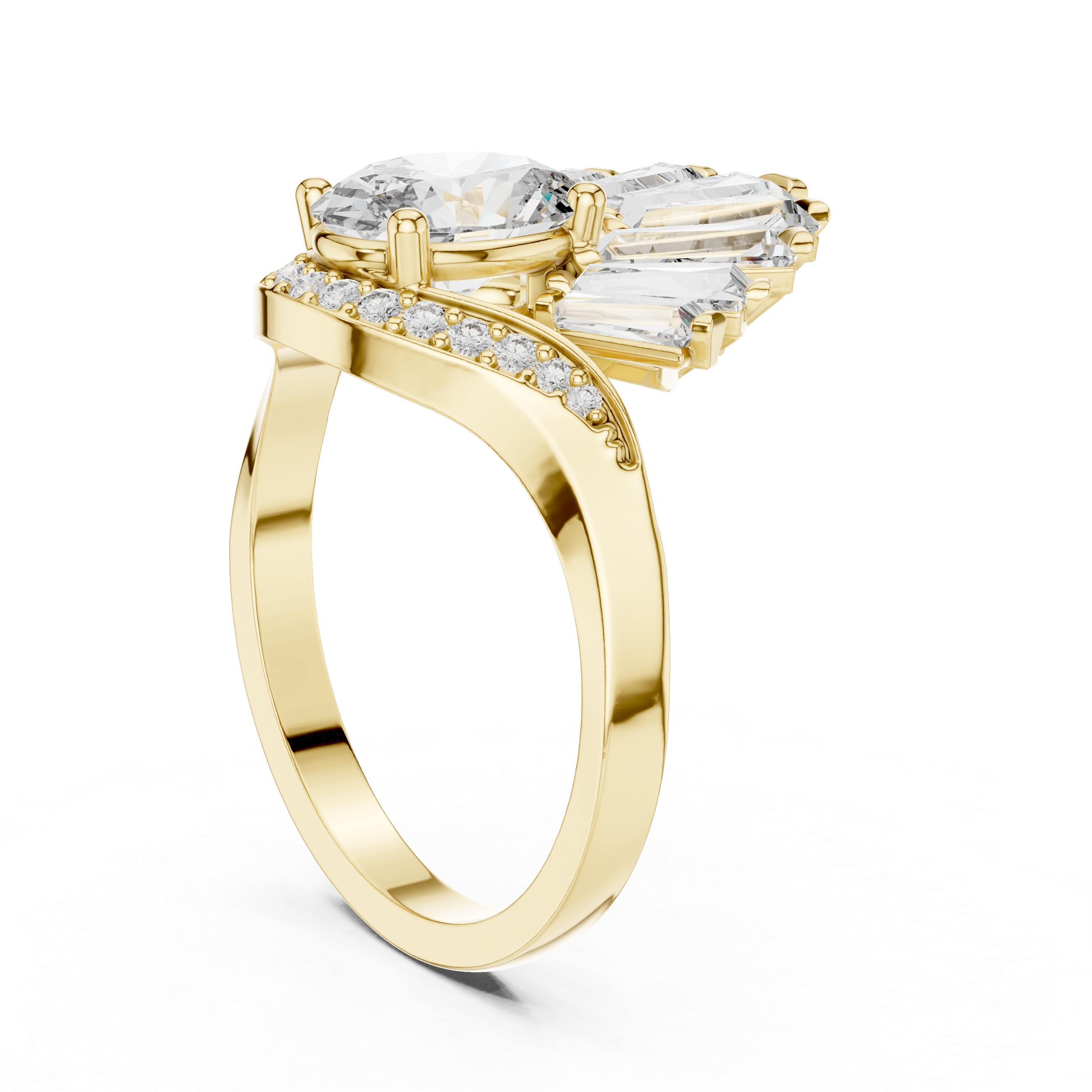 Fan Halo Ring with Oval-Cut Center and Tapered Baguette Diamonds