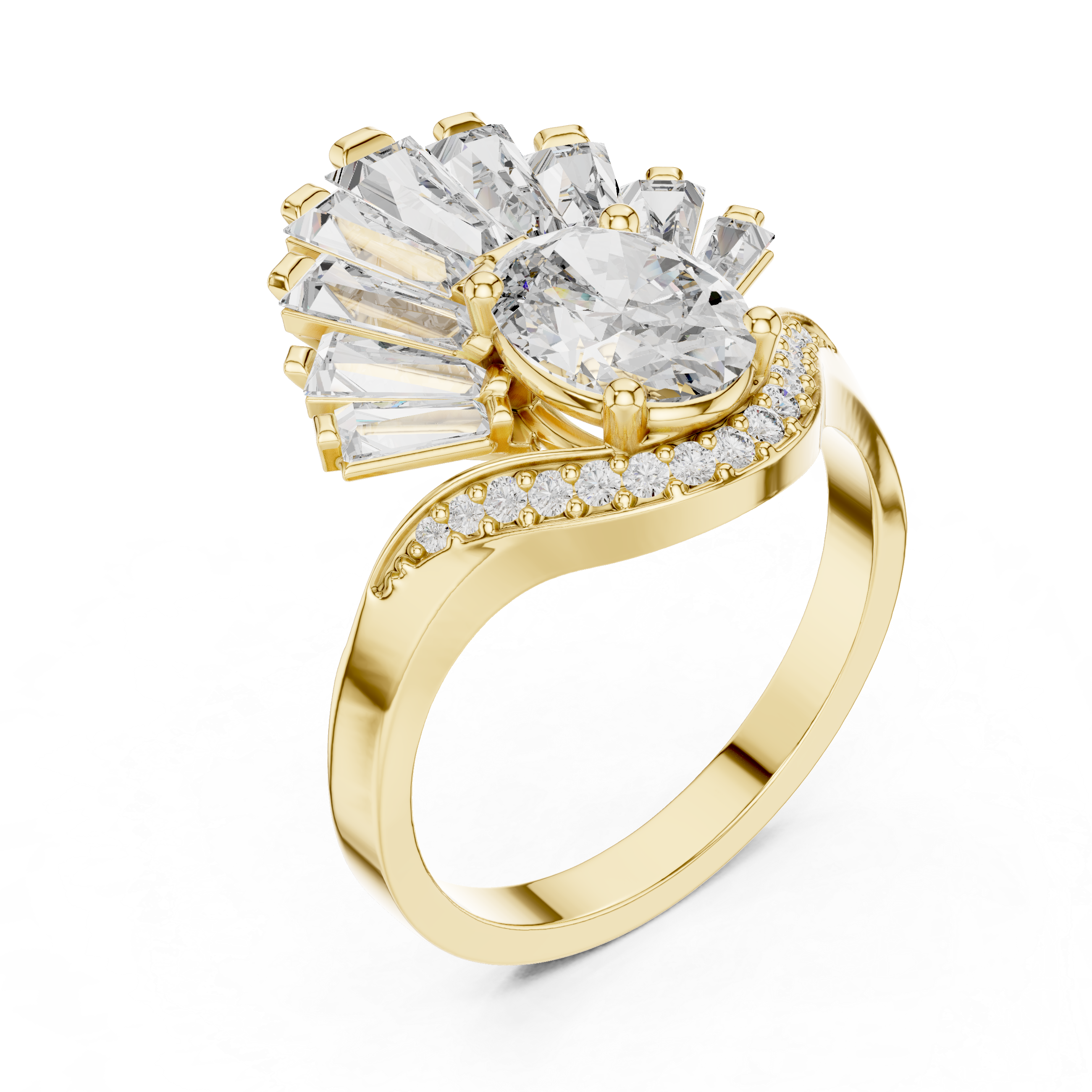Fan Halo Ring with Oval-Cut Center and Tapered Baguette Diamonds