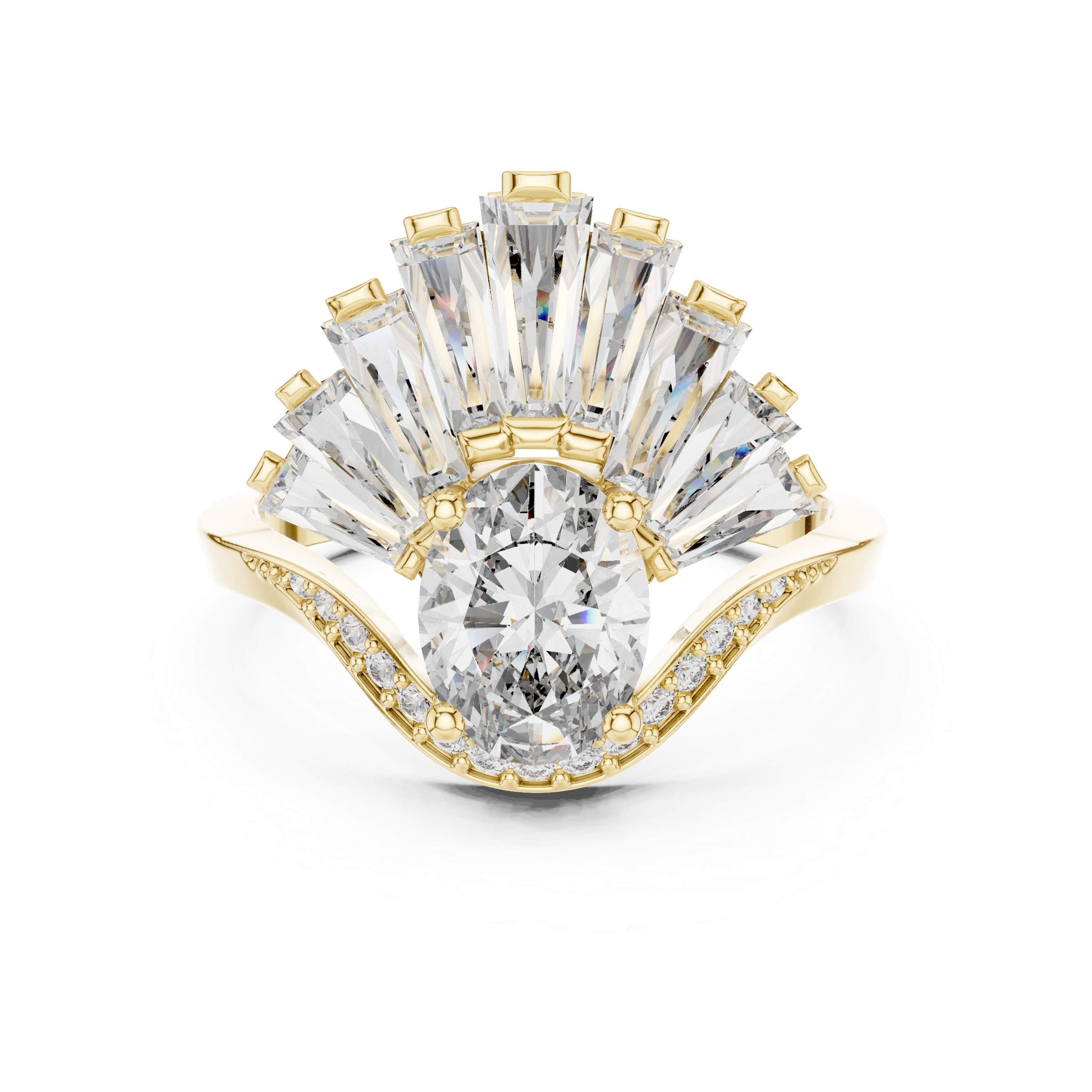 Fan Halo Ring with Oval-Cut Center and Tapered Baguette Diamonds