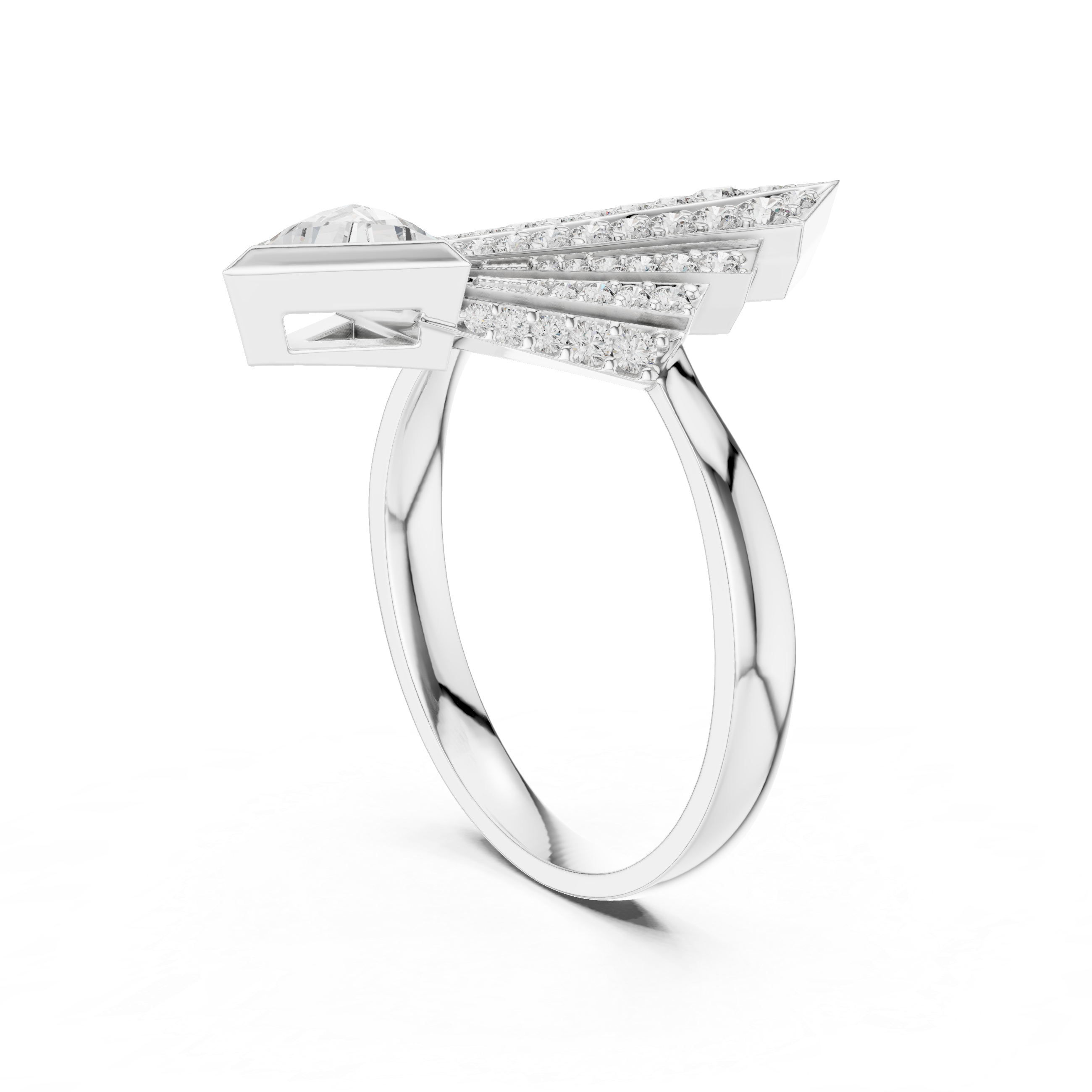 Art Deco-Inspired Ring with Trillion-Cut Center and Diamond Fan Detail