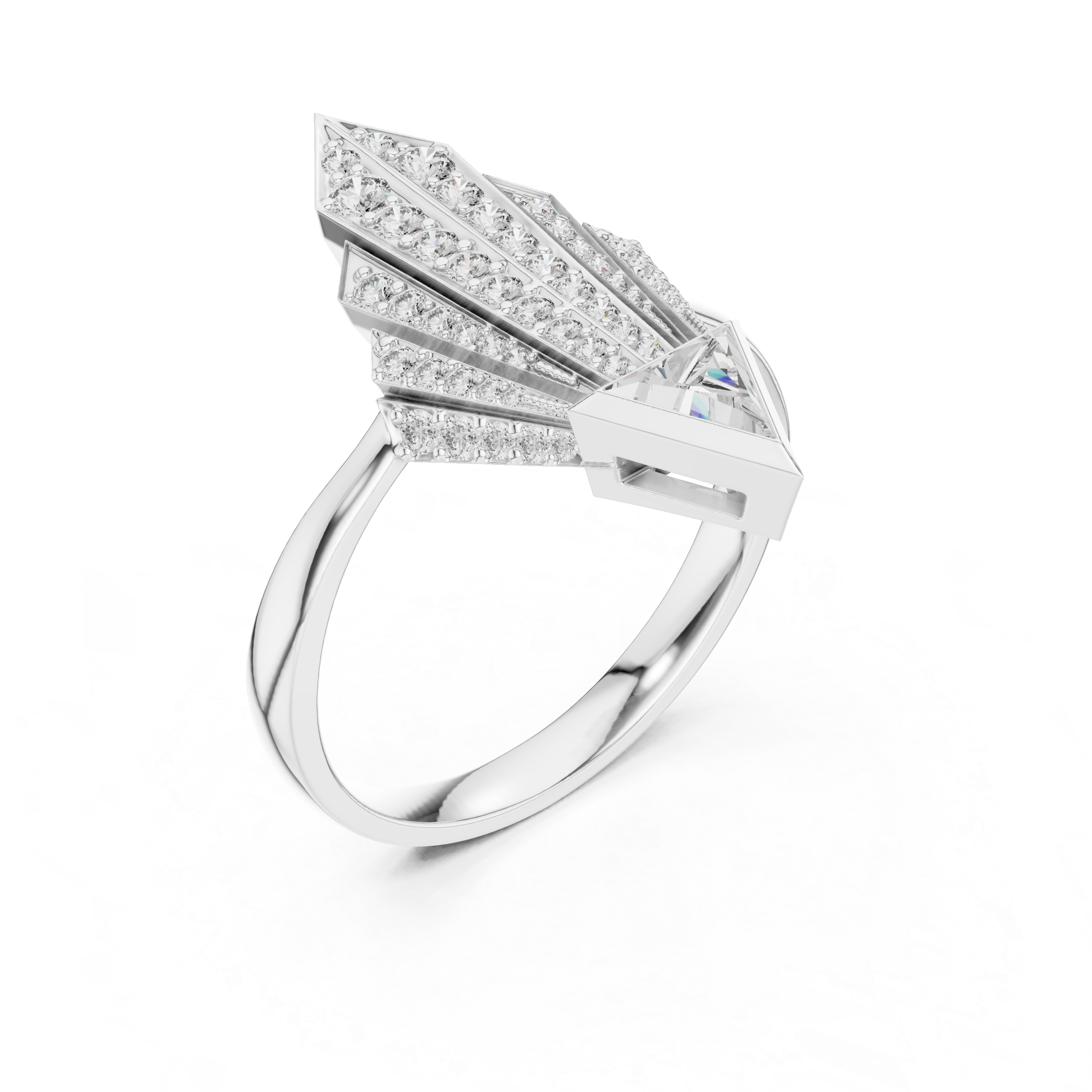 Art Deco-Inspired Ring with Trillion-Cut Center and Diamond Fan Detail