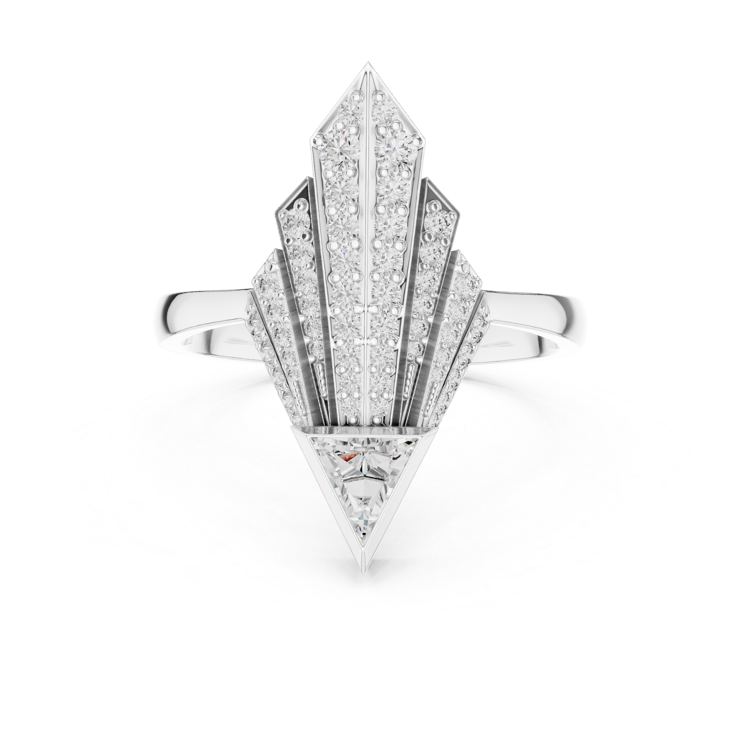 Art Deco-Inspired Ring with Trillion-Cut Center and Diamond Fan Detail
