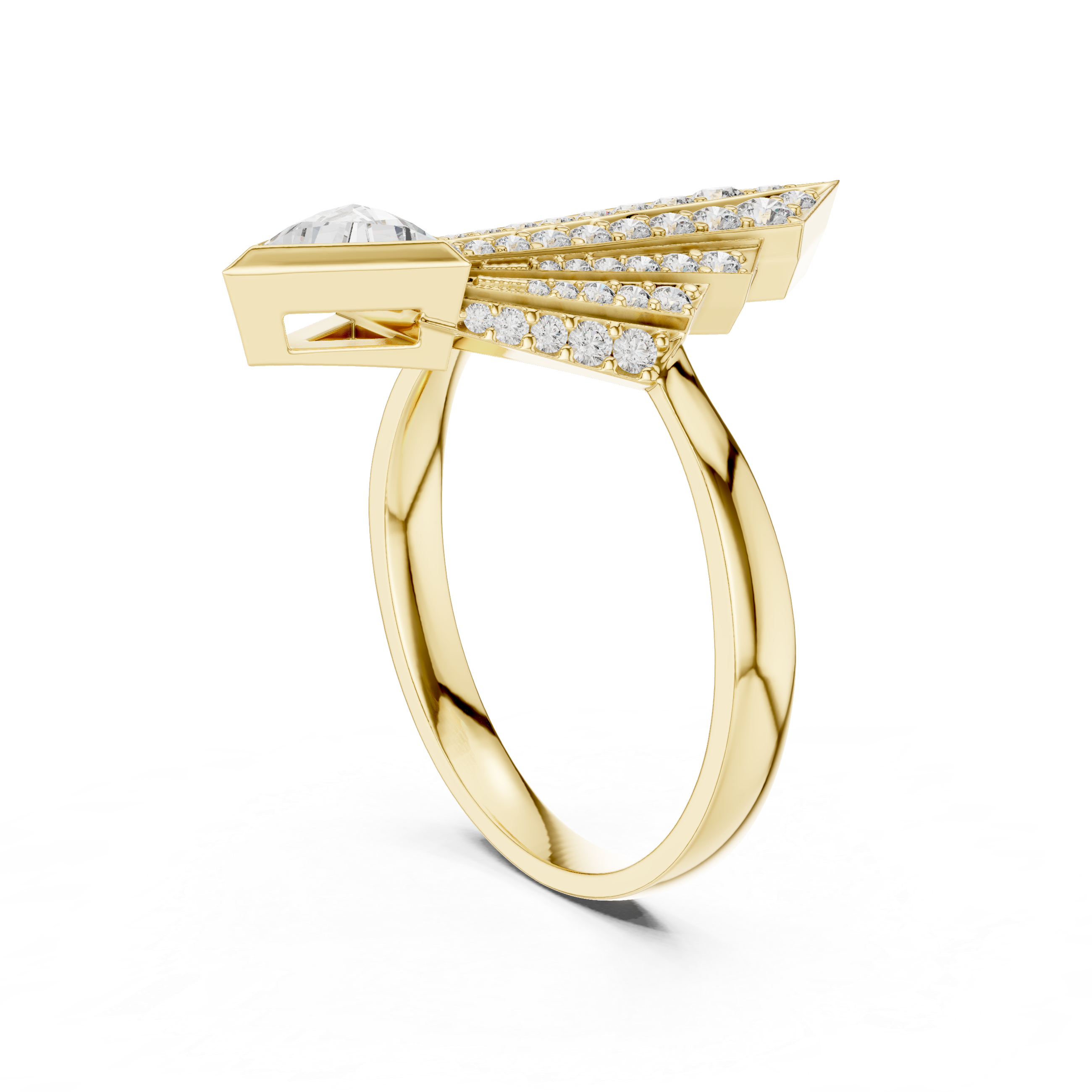 Art Deco-Inspired Ring with Trillion-Cut Center and Diamond Fan Detail