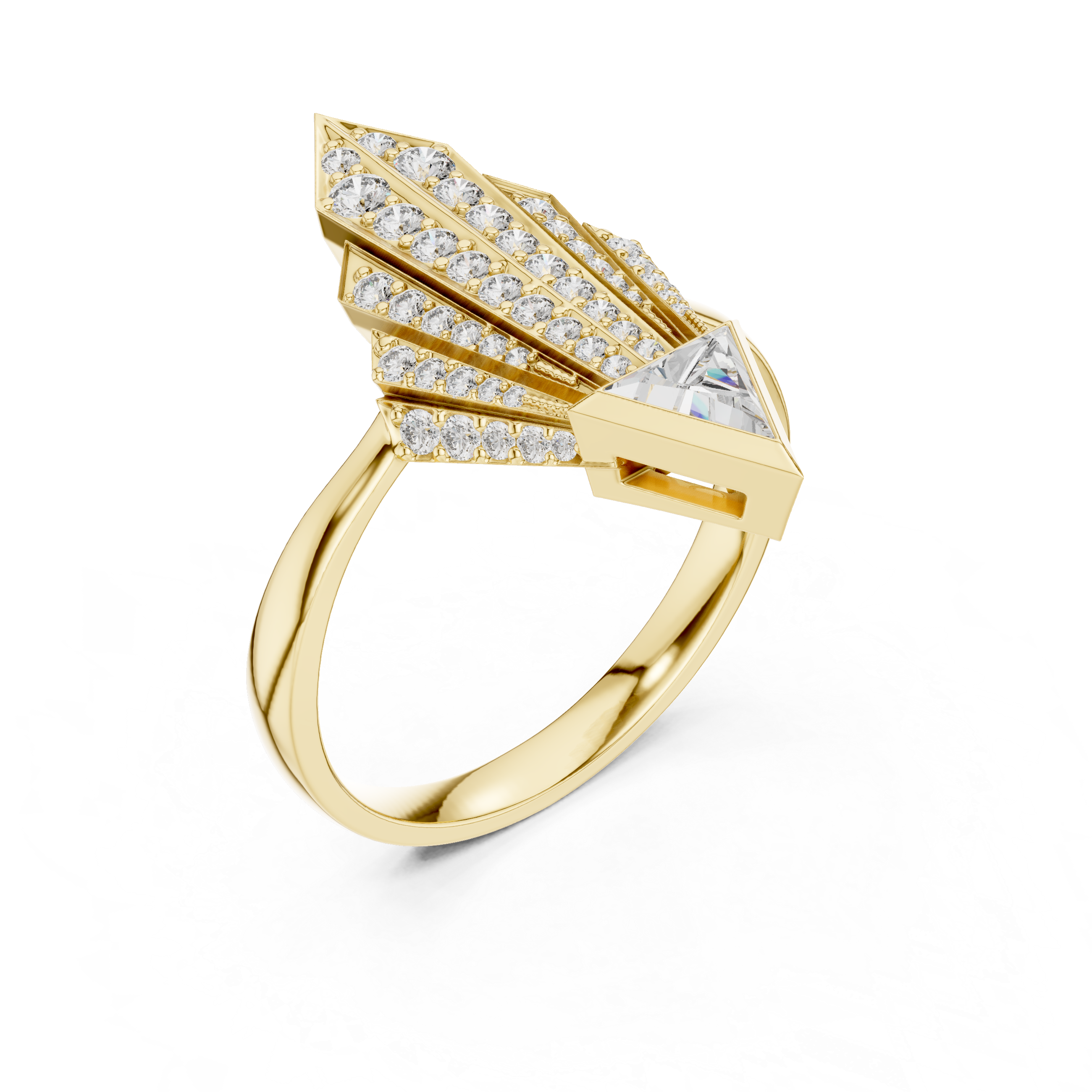 Art Deco-Inspired Ring with Trillion-Cut Center and Diamond Fan Detail