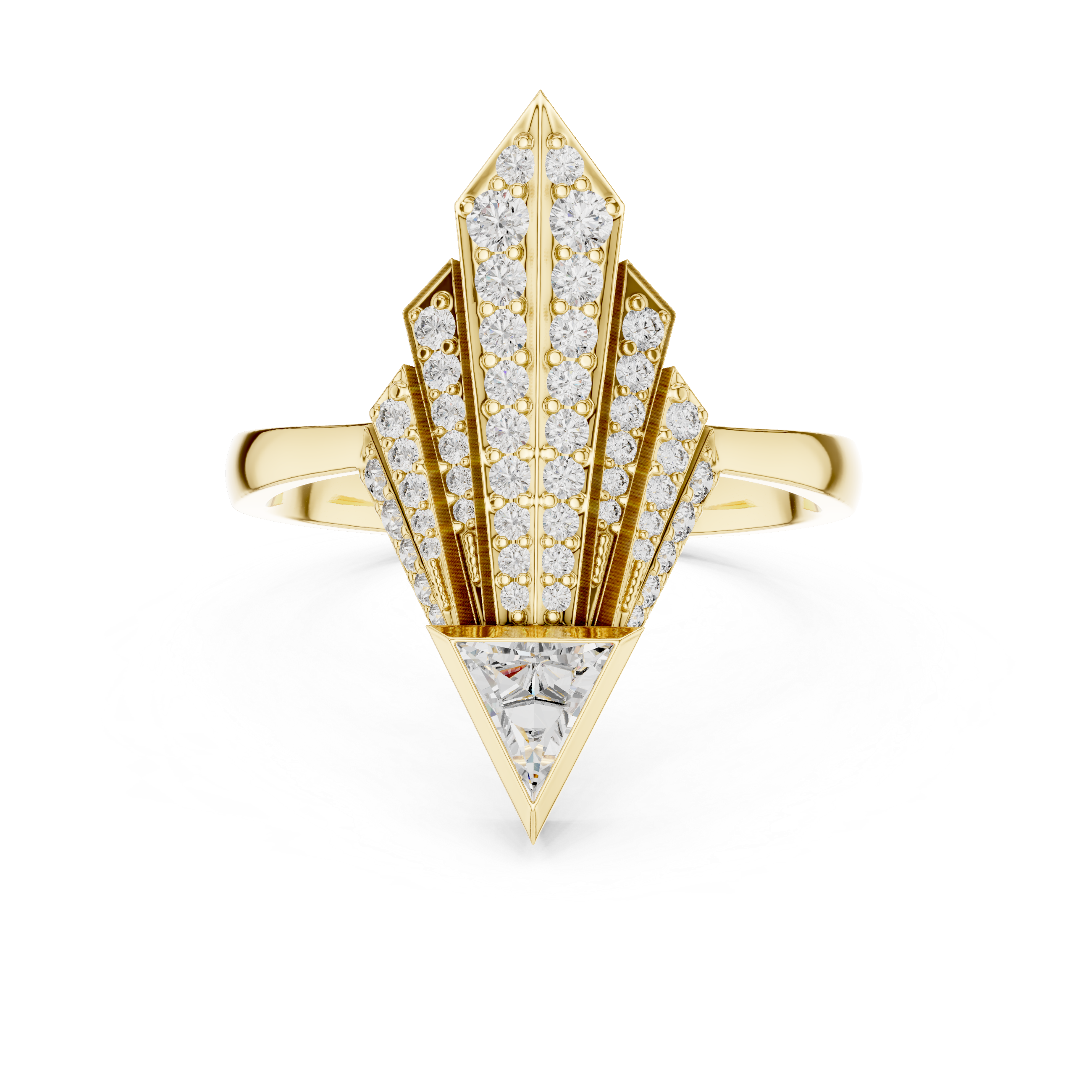 Art Deco-Inspired Ring with Trillion-Cut Center and Diamond Fan Detail