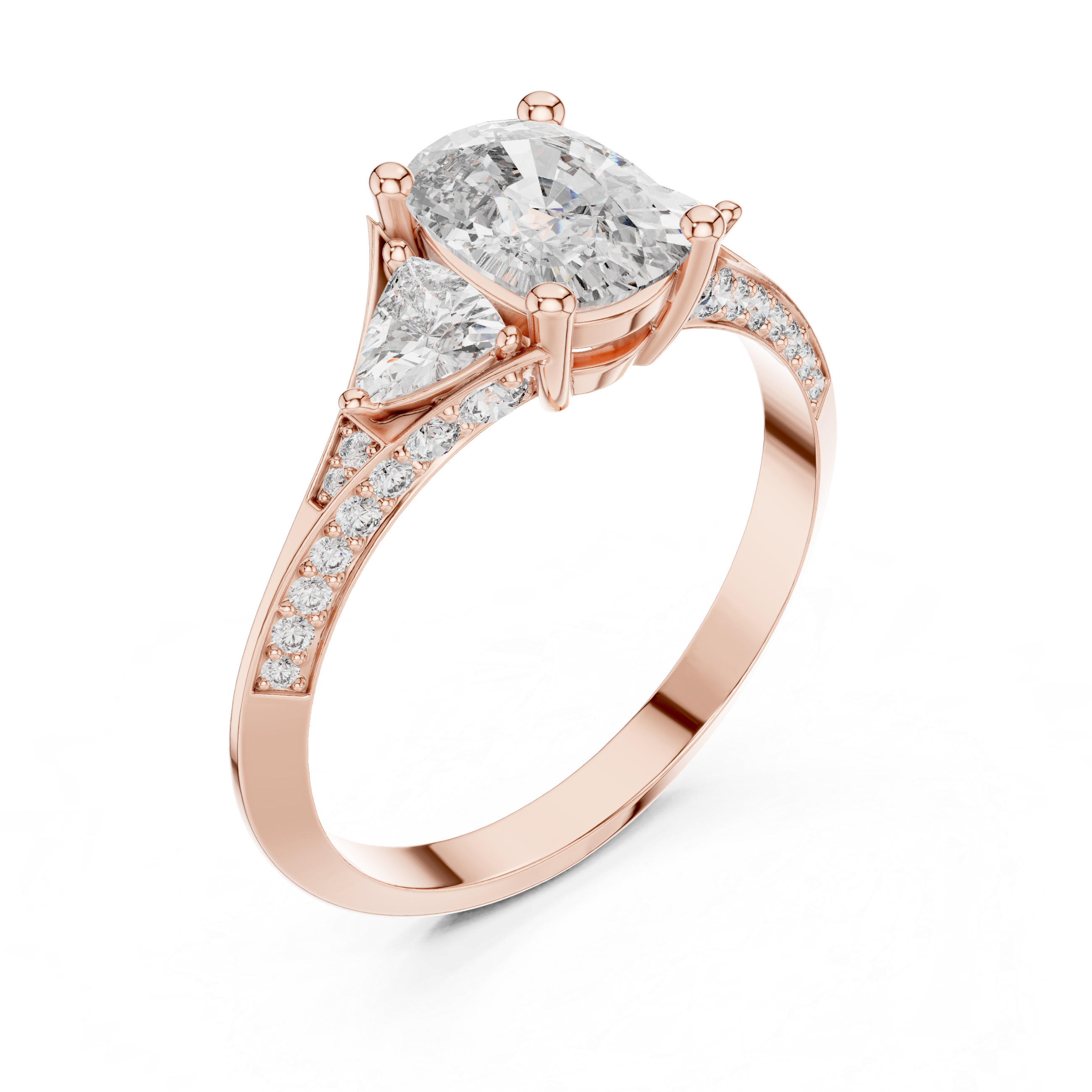 Oval-Cut Diamond Ring with Trillion Side Stones in Rose Gold