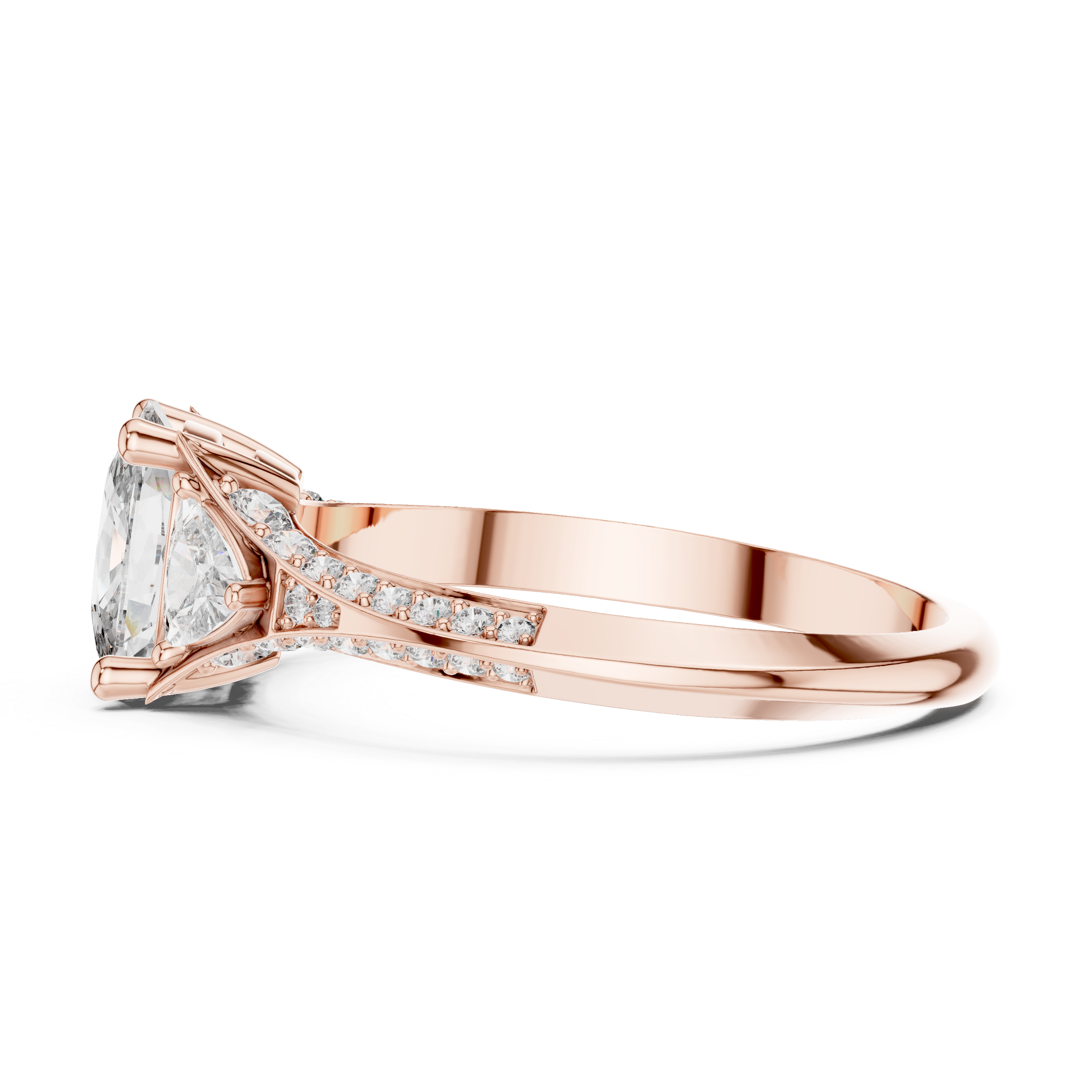 Oval-Cut Diamond Ring with Trillion Side Stones in Rose Gold