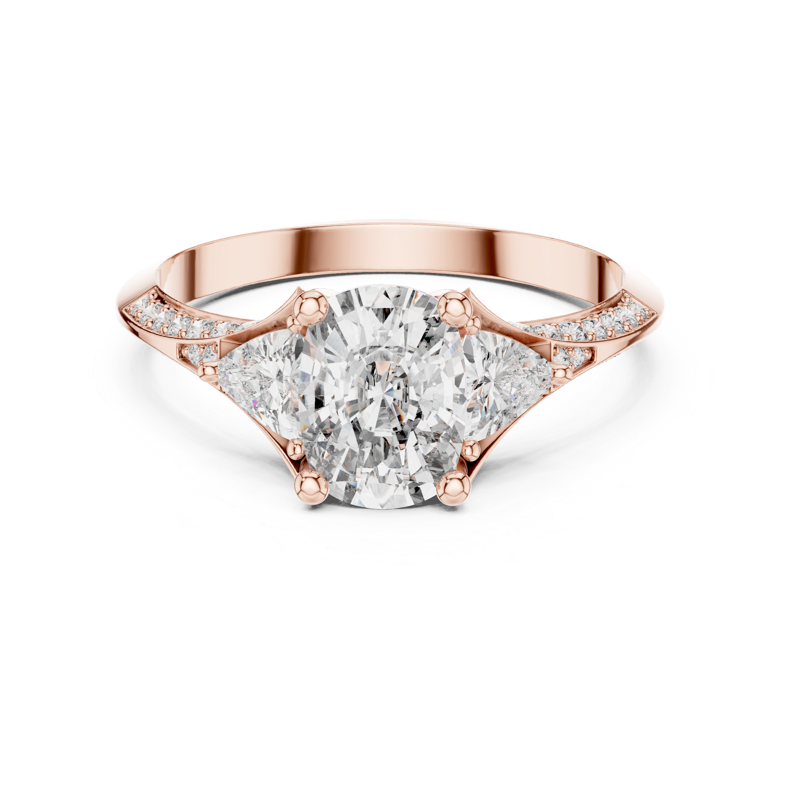 Oval-Cut Diamond Ring with Trillion Side Stones in Rose Gold