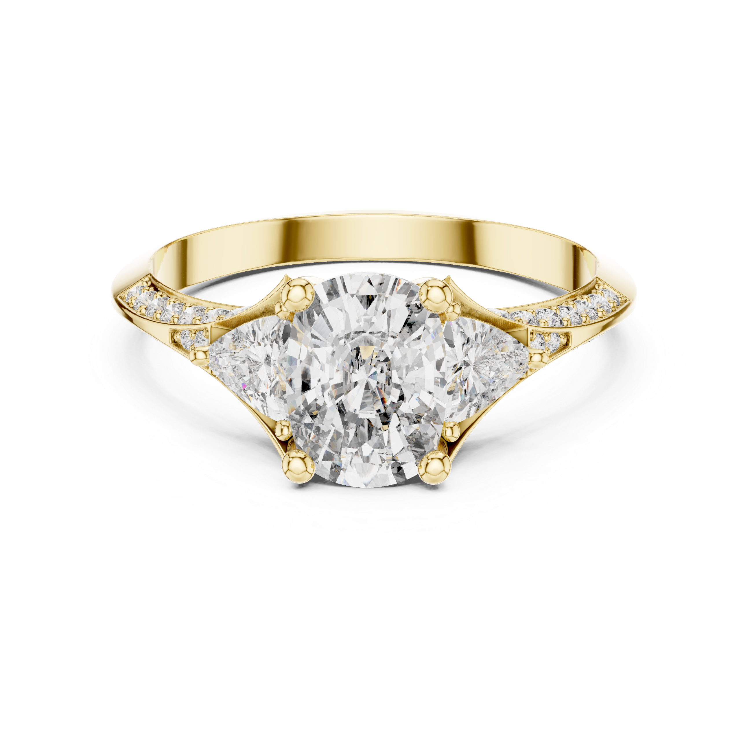 Oval-Cut Diamond Ring with Trillion Side Stones in Rose Gold