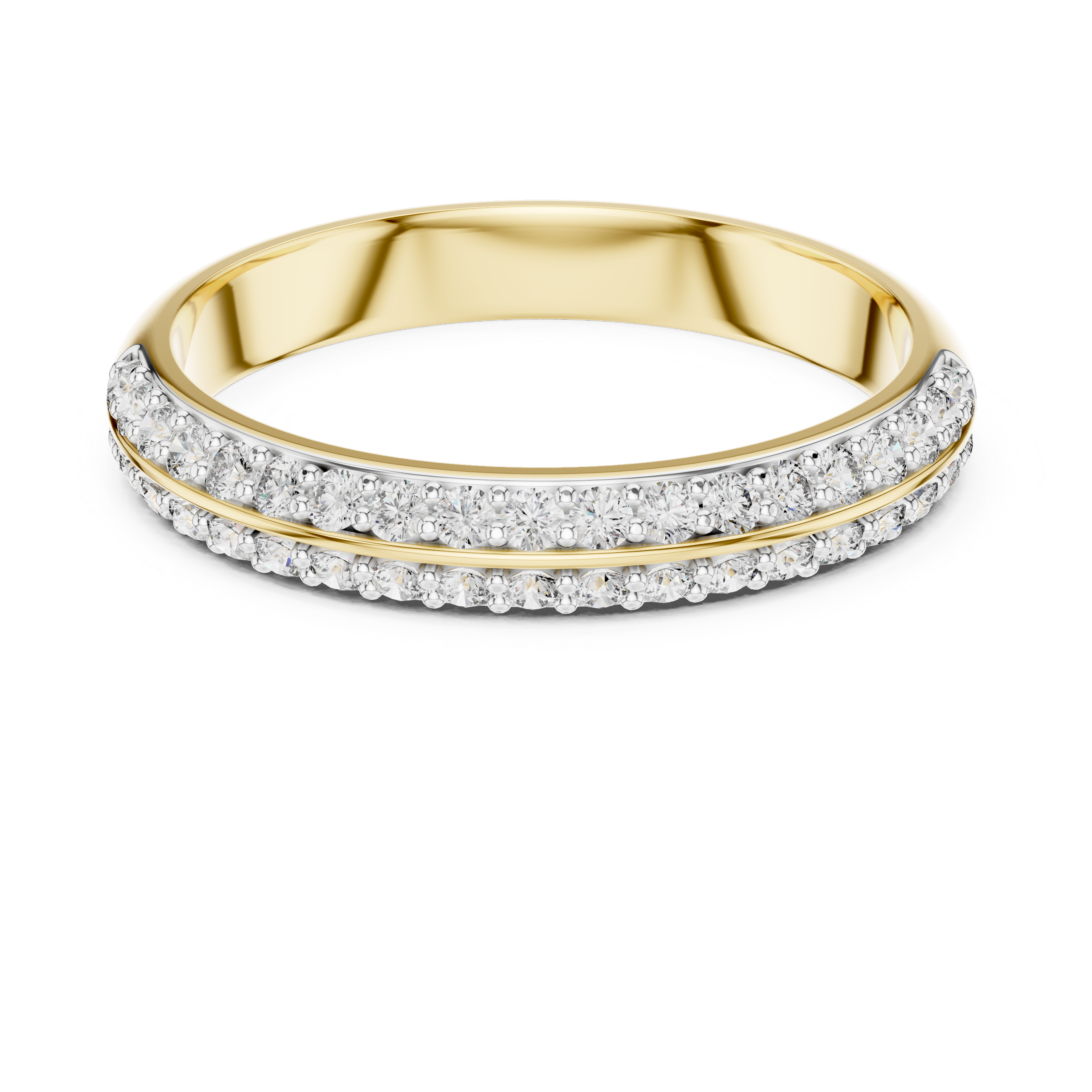 Band ring adorned with a central row of sparkling round-cut diamonds.
