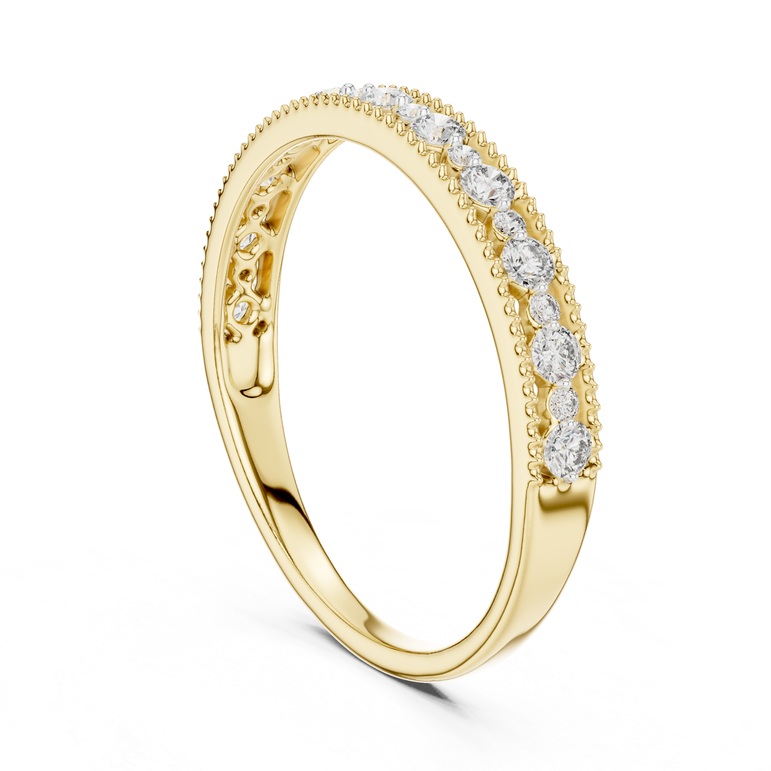 Band with delicate milgrain edges and graduated round-cut diamonds.
