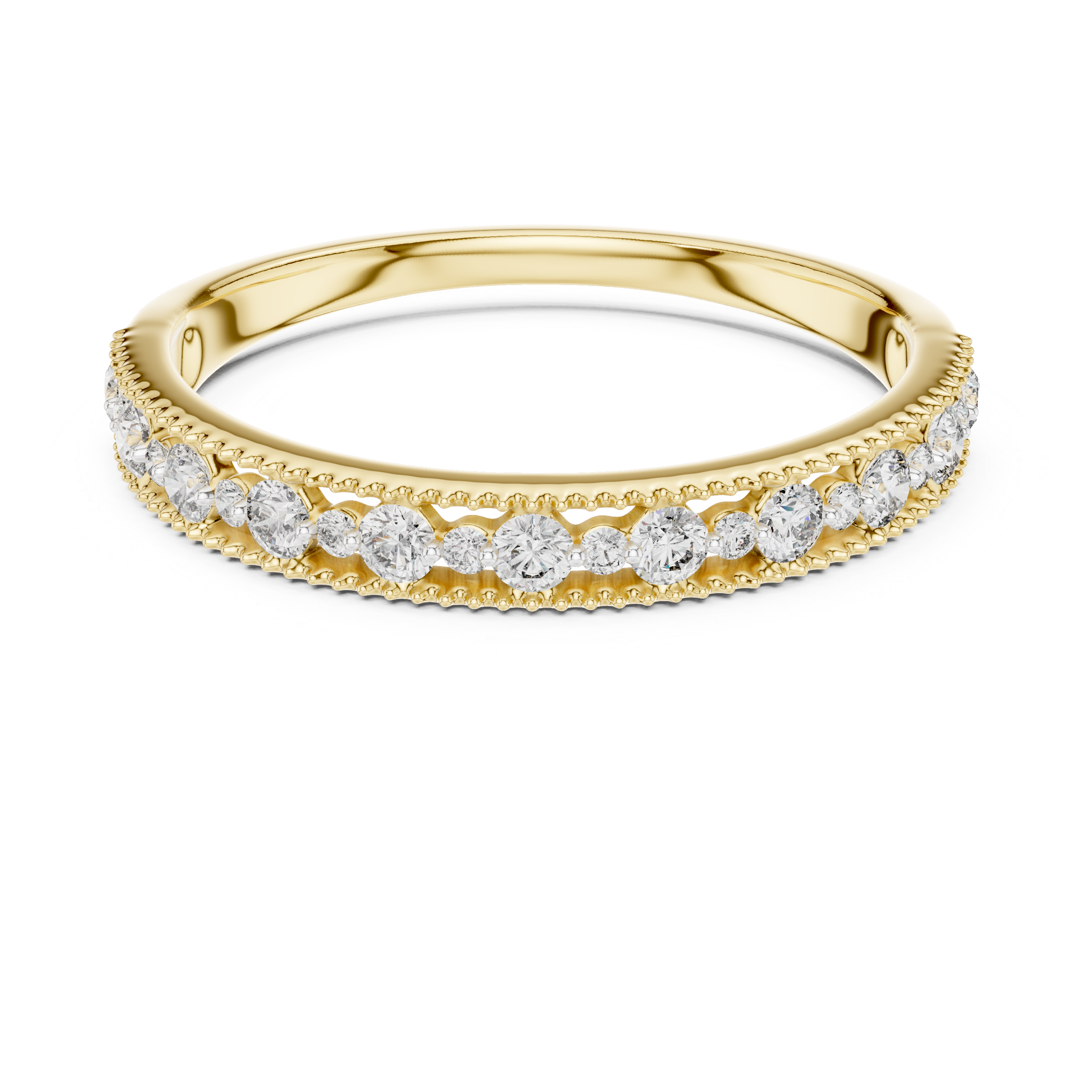 Band with delicate milgrain edges and graduated round-cut diamonds.