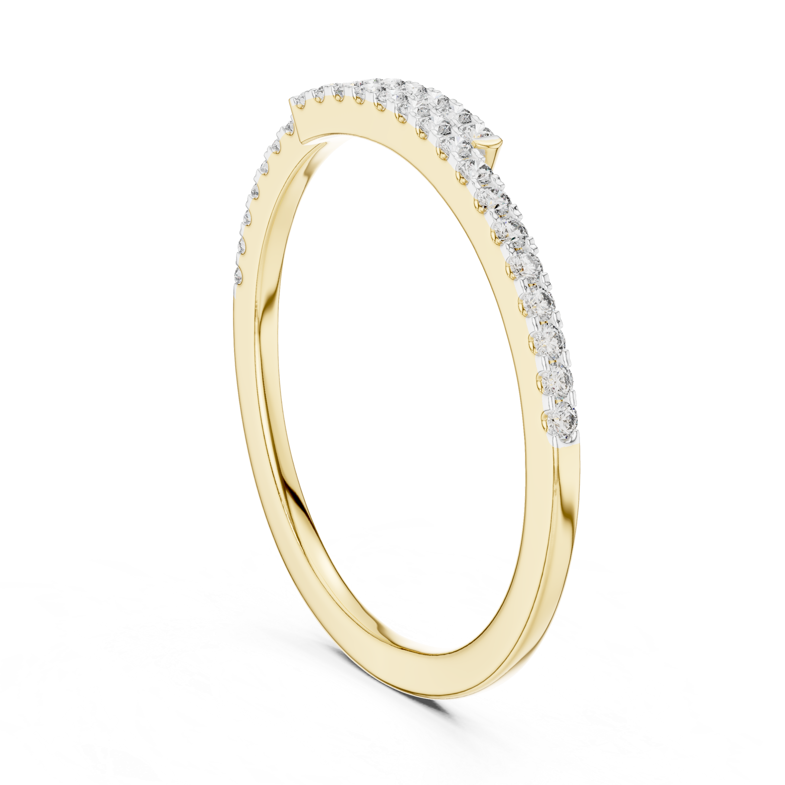 Gold band with a curved row of channel-set sparkling diamonds.