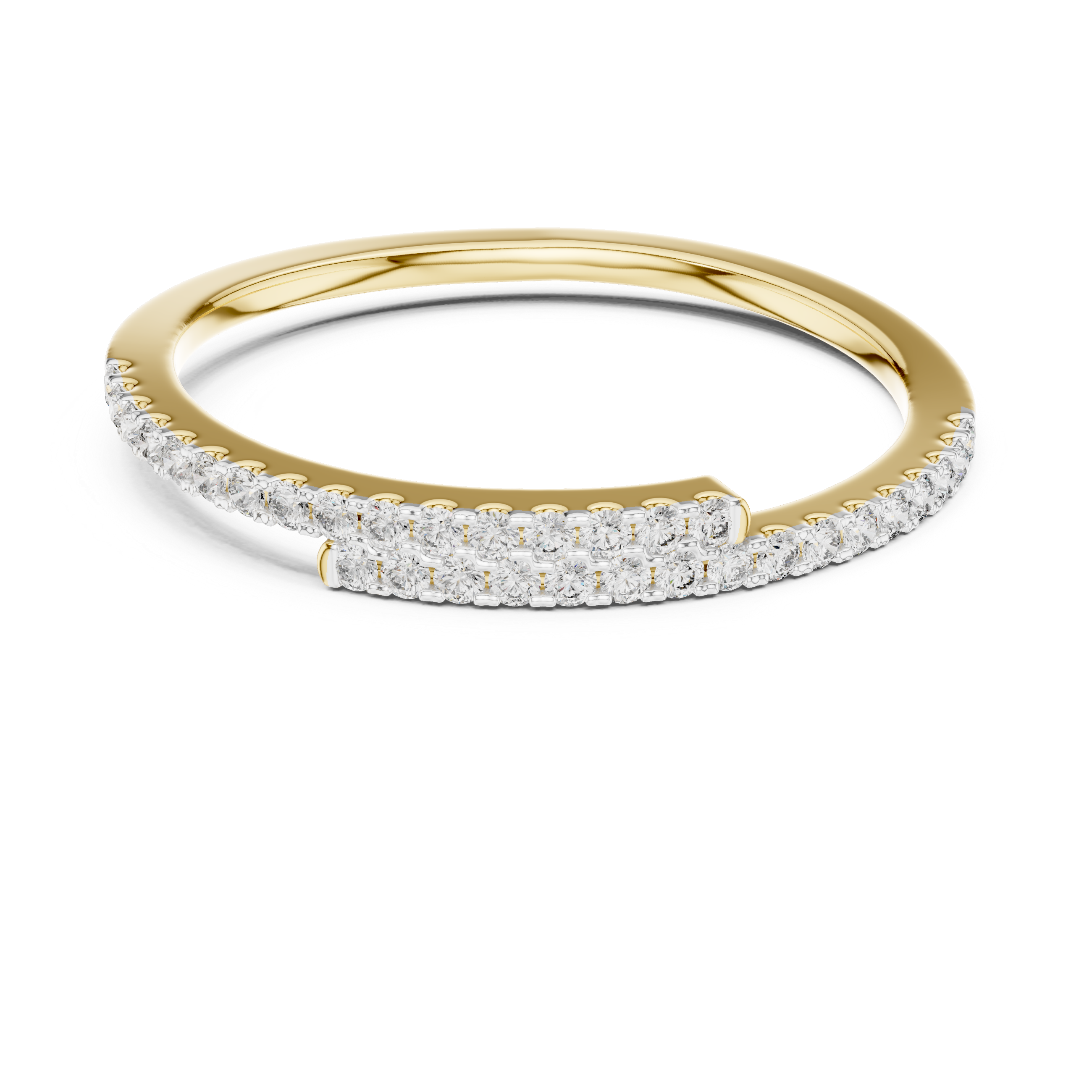 Gold band with a curved row of channel-set sparkling diamonds.
