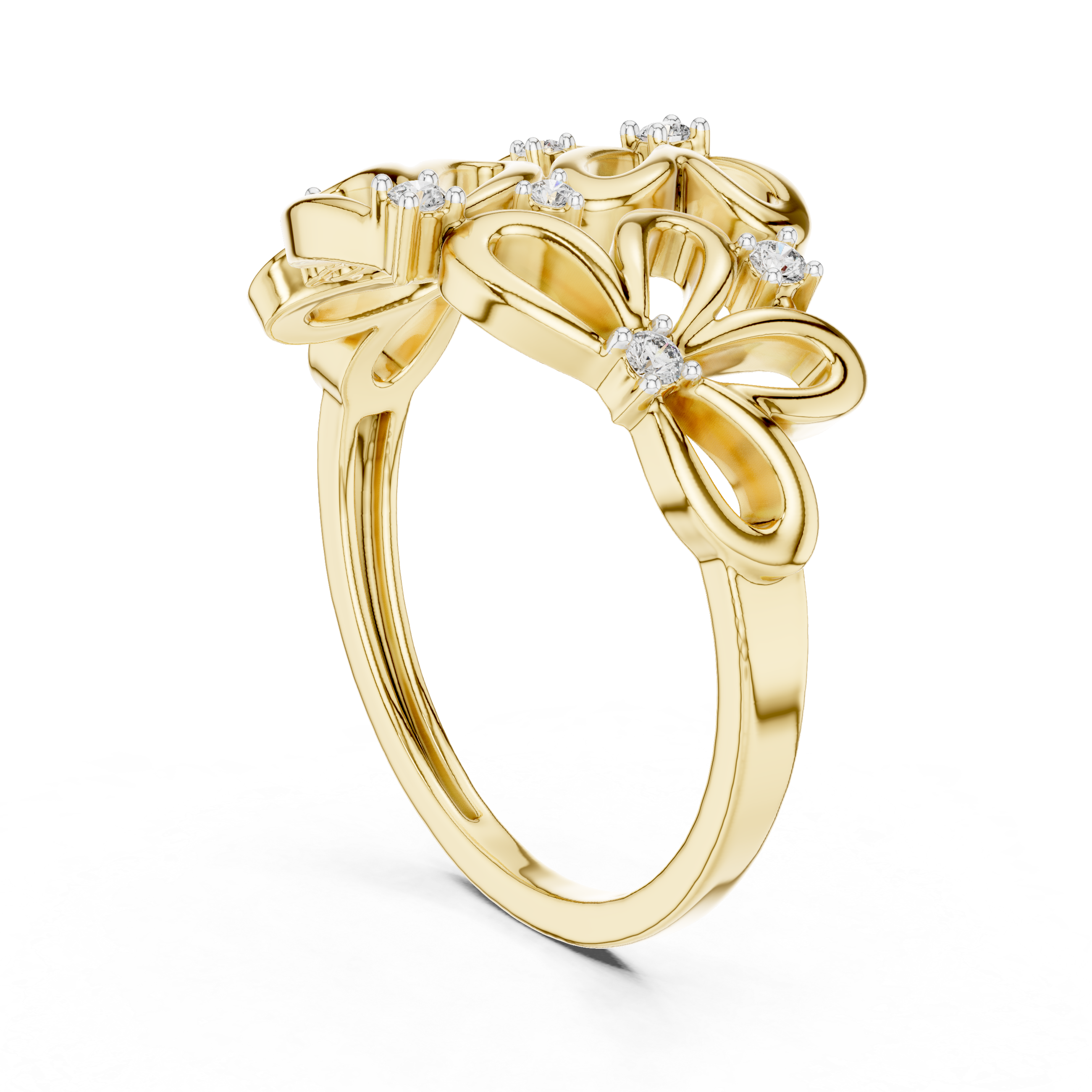 Floral-inspired ring with open petal design and diamond accents.