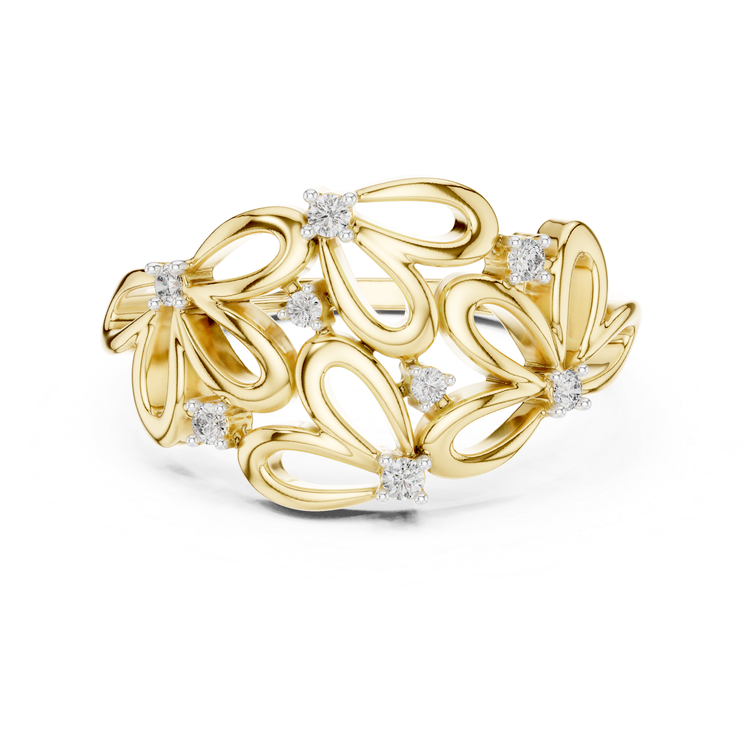 Floral-inspired ring with open petal design and diamond accents.