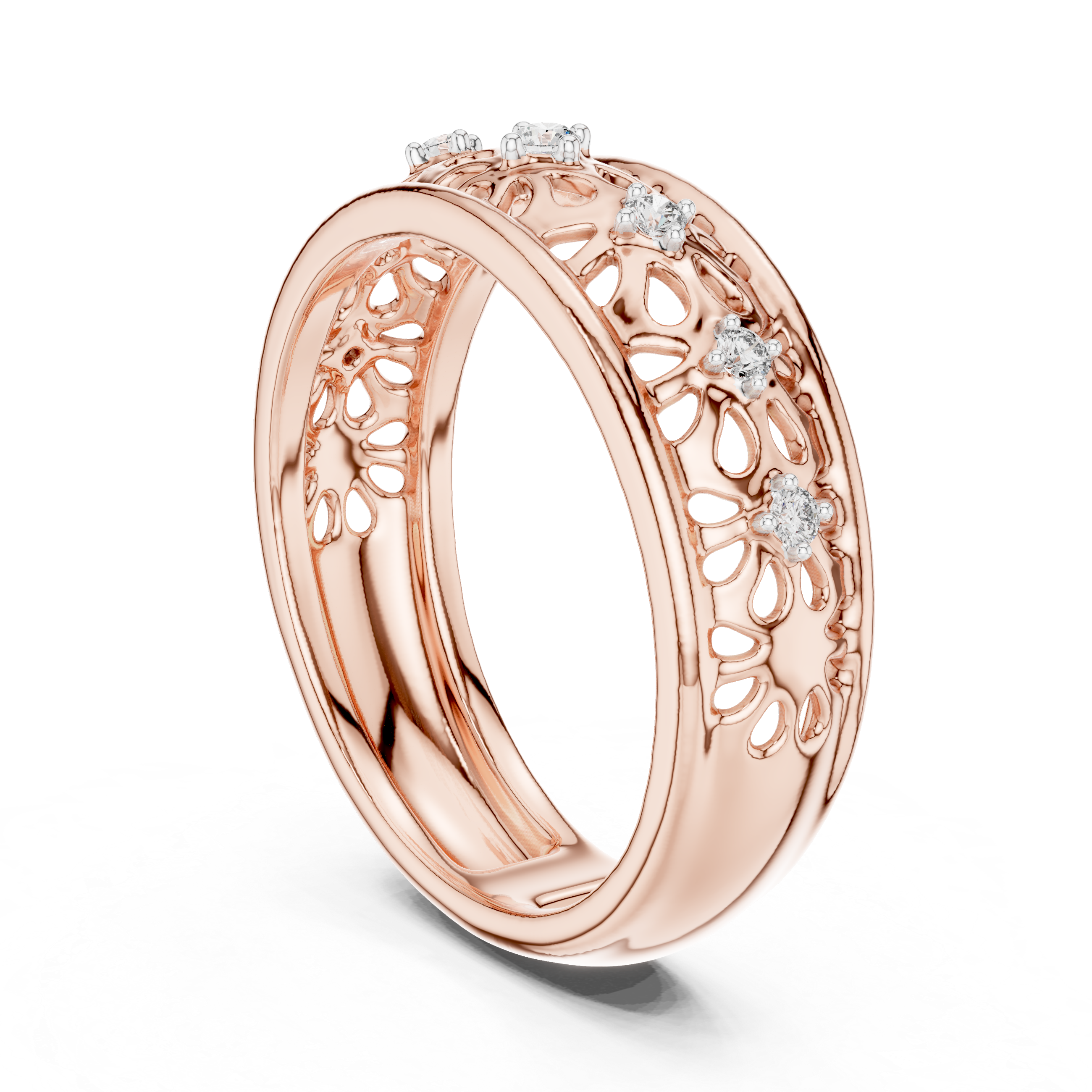 Filigree band ring with intricate cutwork and diamond accents.