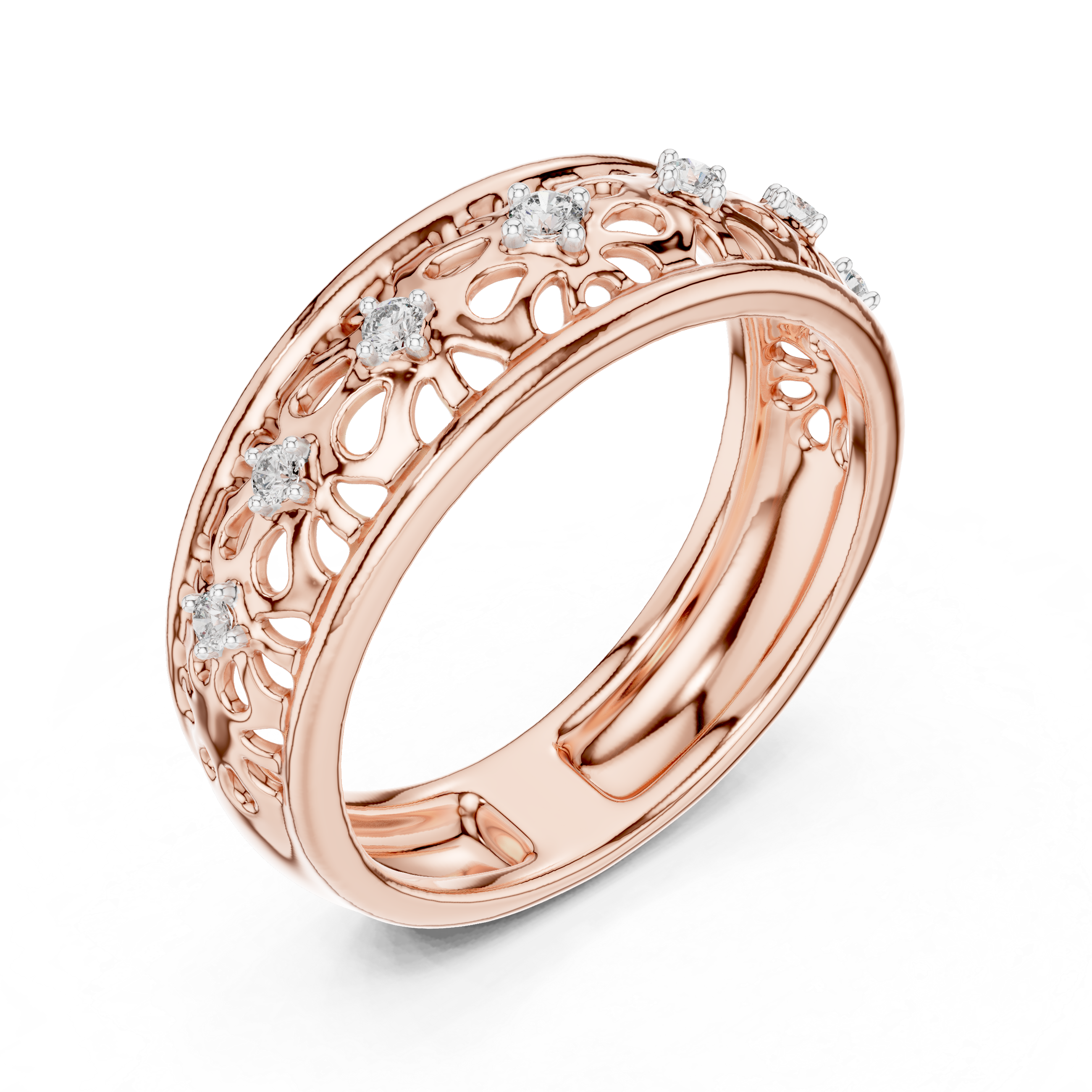 Filigree band ring with intricate cutwork and diamond accents.