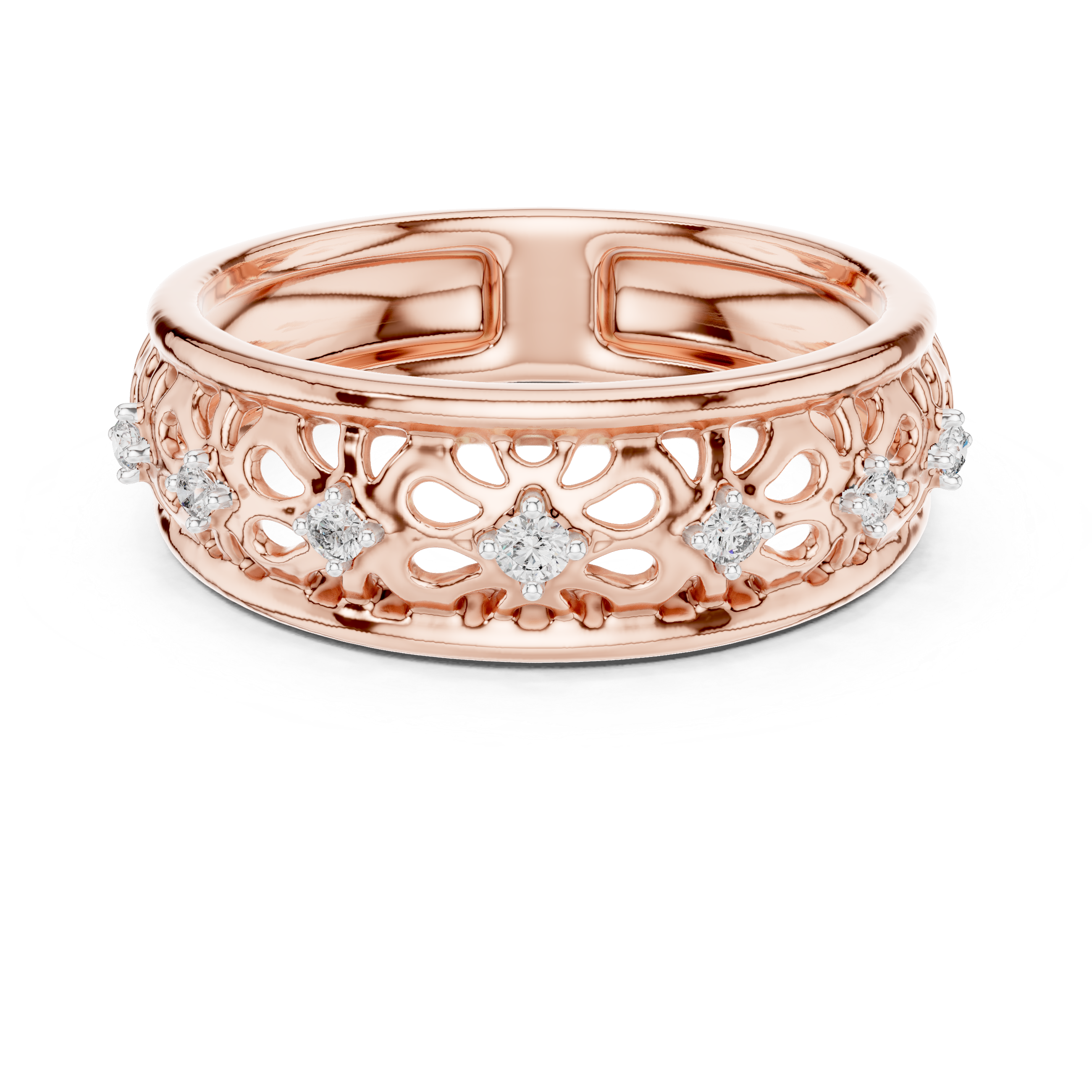 Filigree band ring with intricate cutwork and diamond accents.