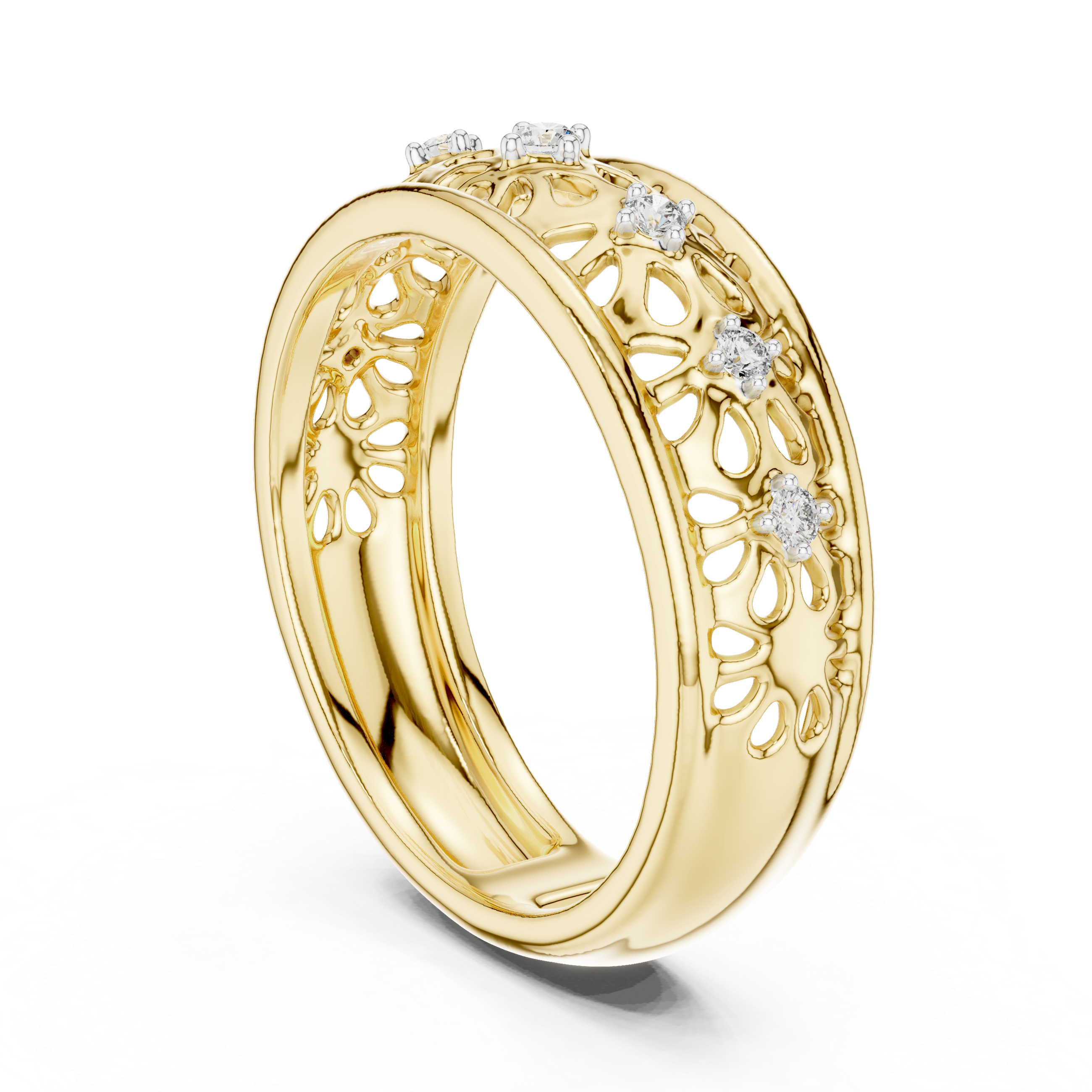 Filigree band ring with intricate cutwork and diamond accents.