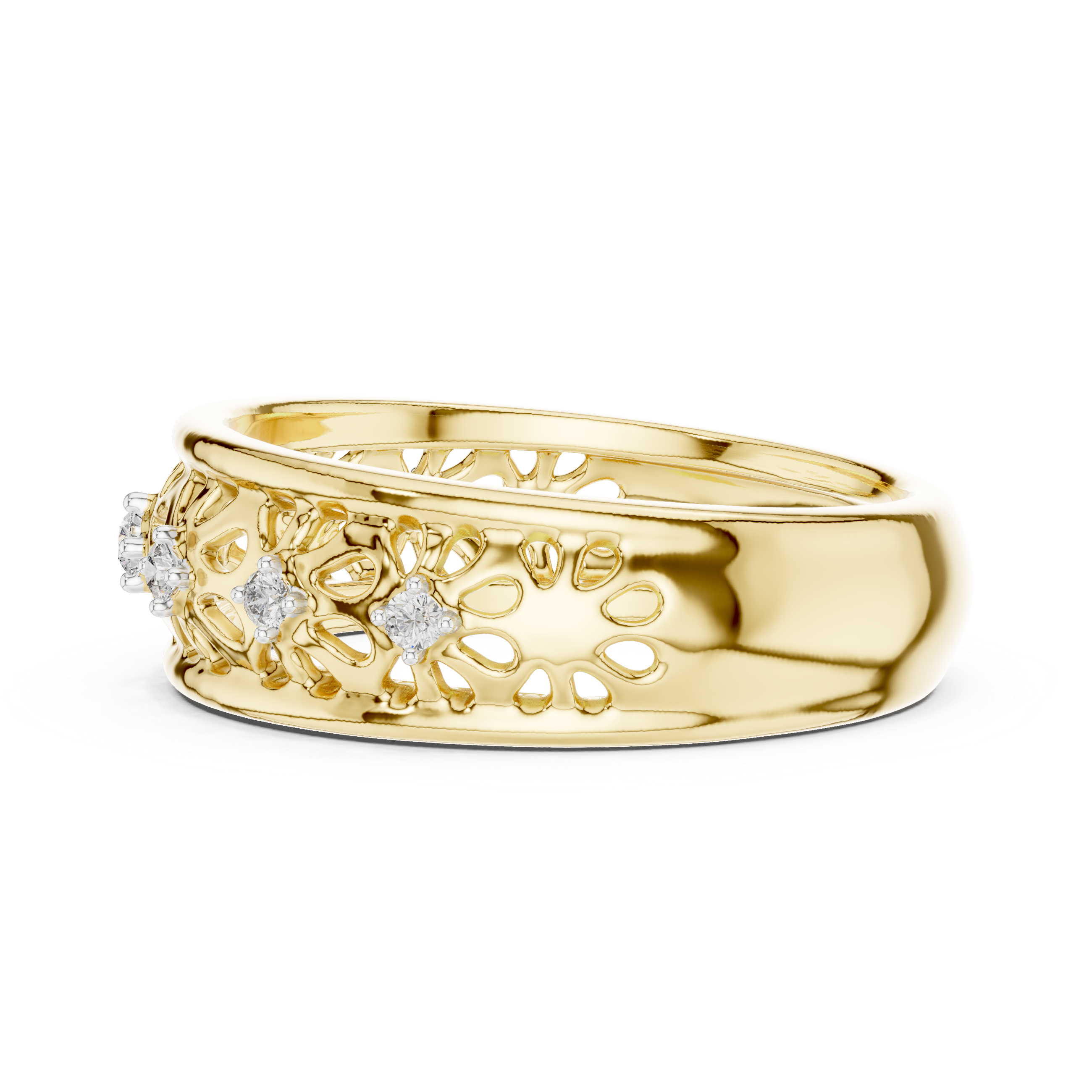 Filigree band ring with intricate cutwork and diamond accents.
