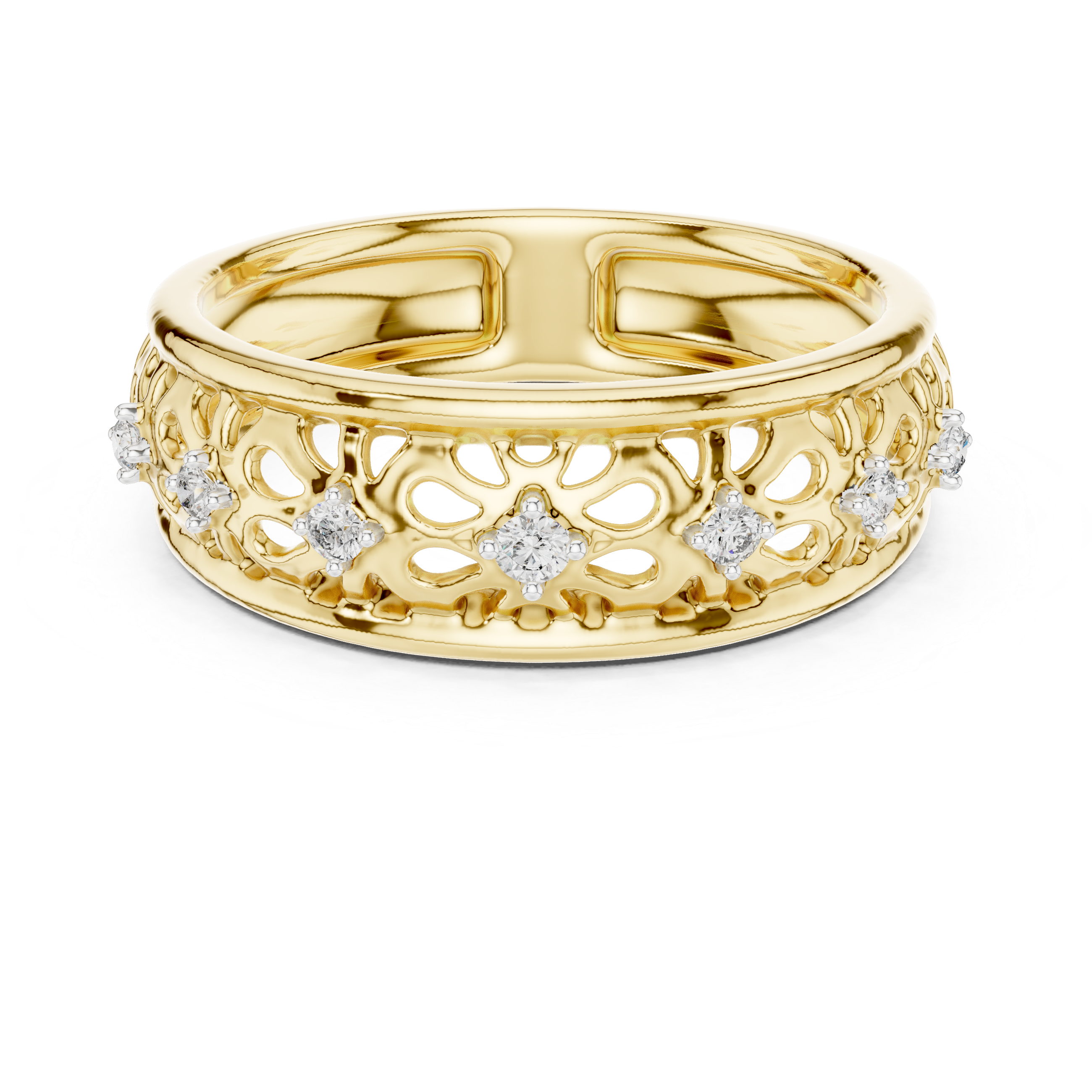 Filigree band ring with intricate cutwork and diamond accents.