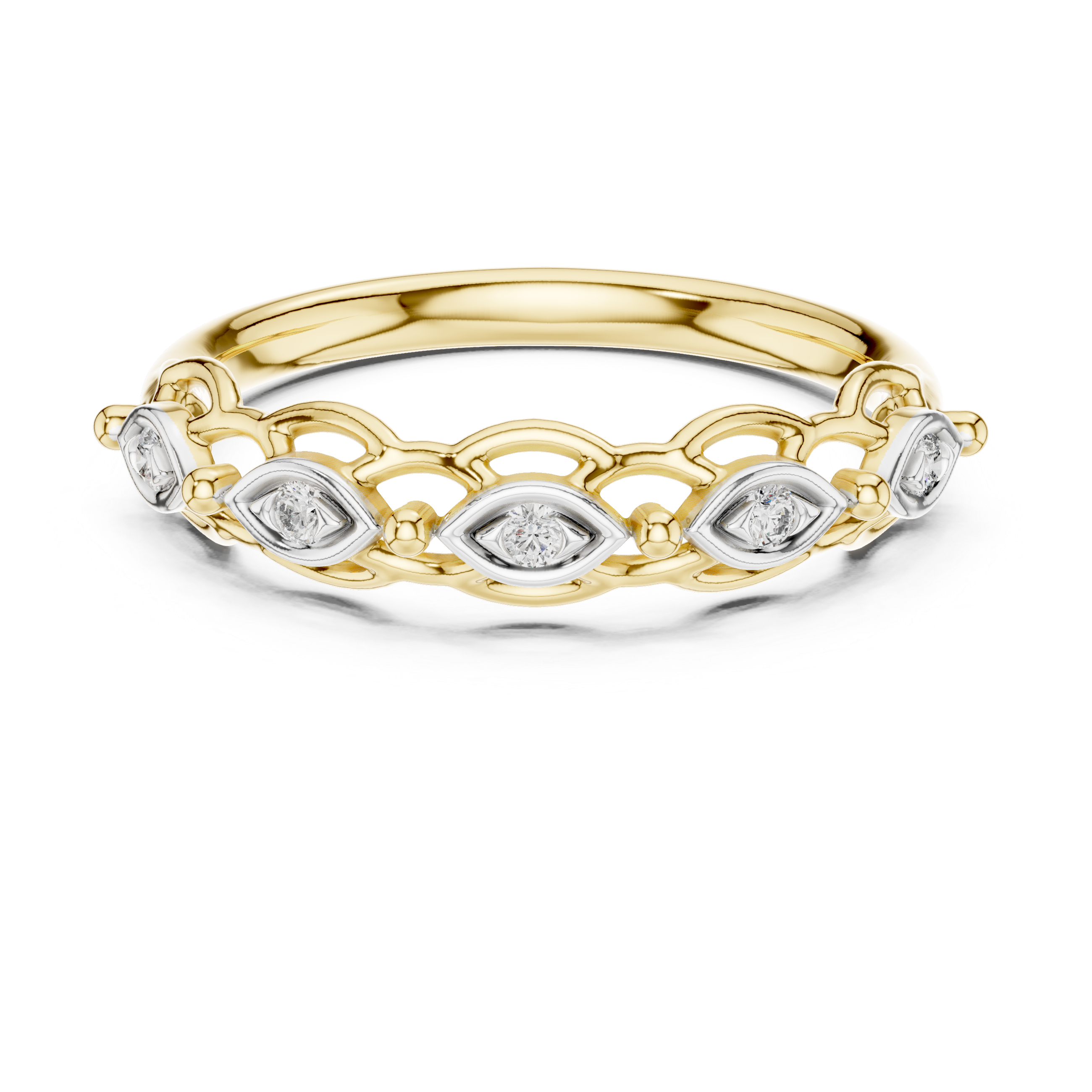 Marquise-shaped diamond motifs and openwork detailing.