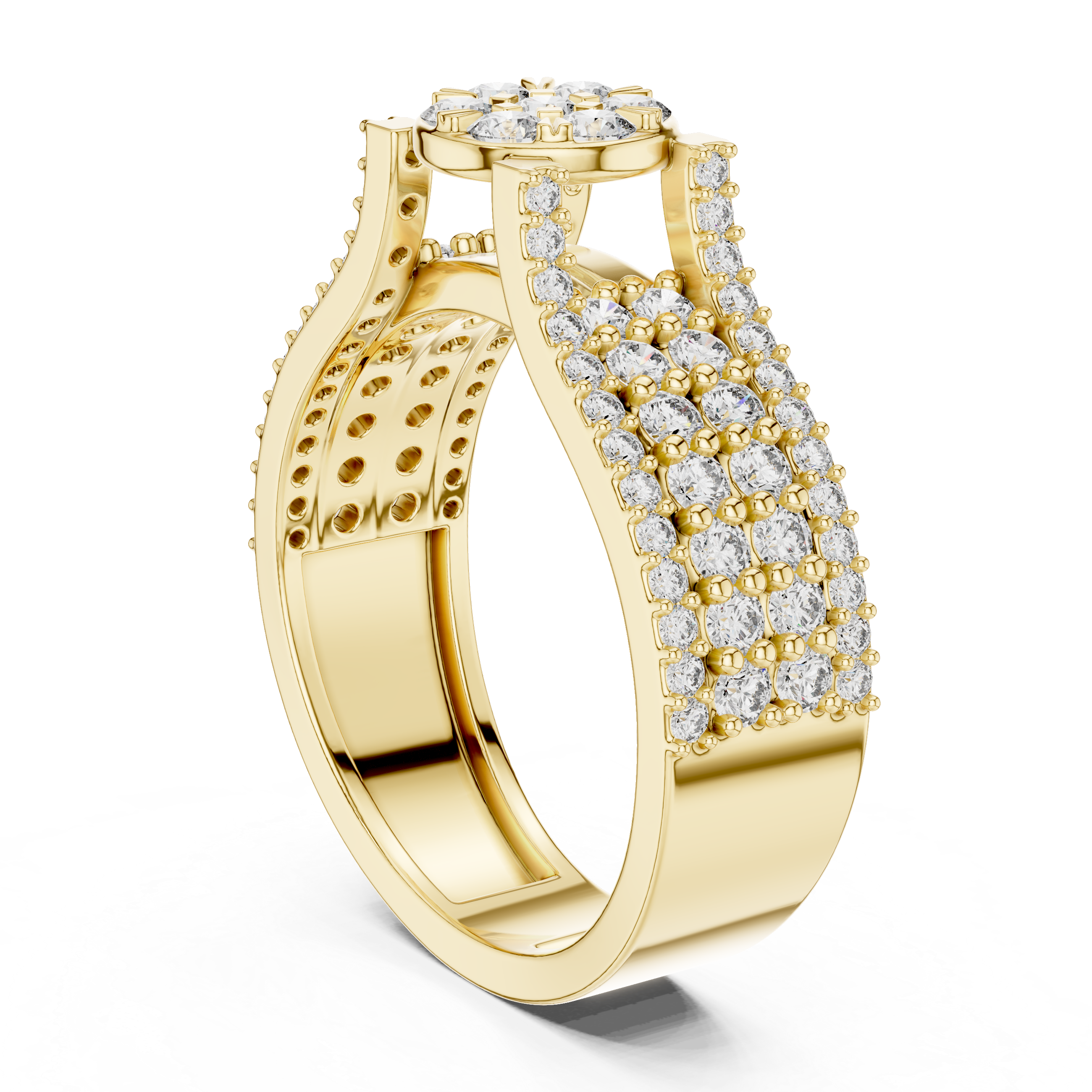 Elegant Rose Gold Diamond Cluster Ring with Pave Band