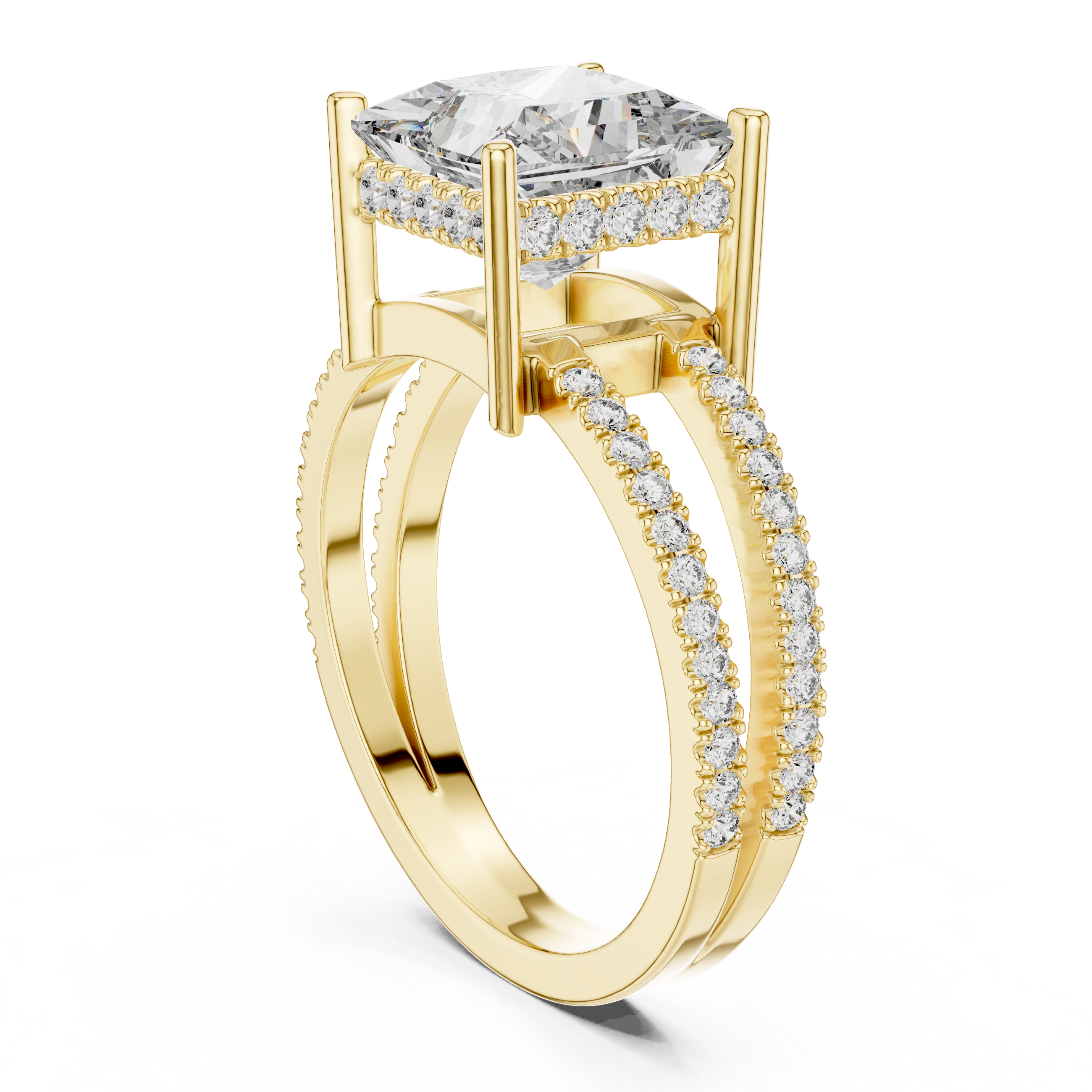 Elegant Gold Engagement Ring with Princess-Cut Diamond and Pavé Band