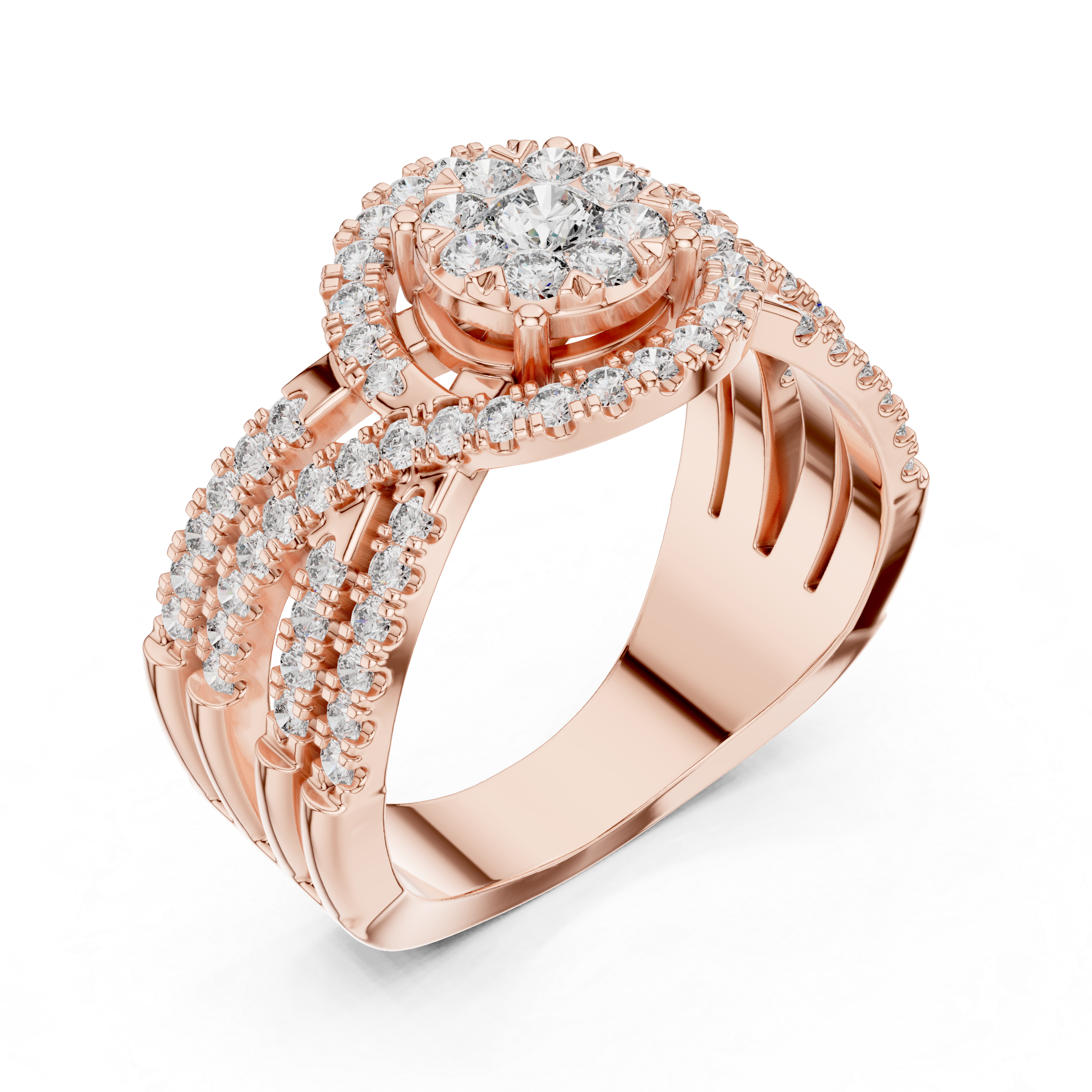 Luxurious Diamond Halo Ring with Multi-Row Sparkling Band