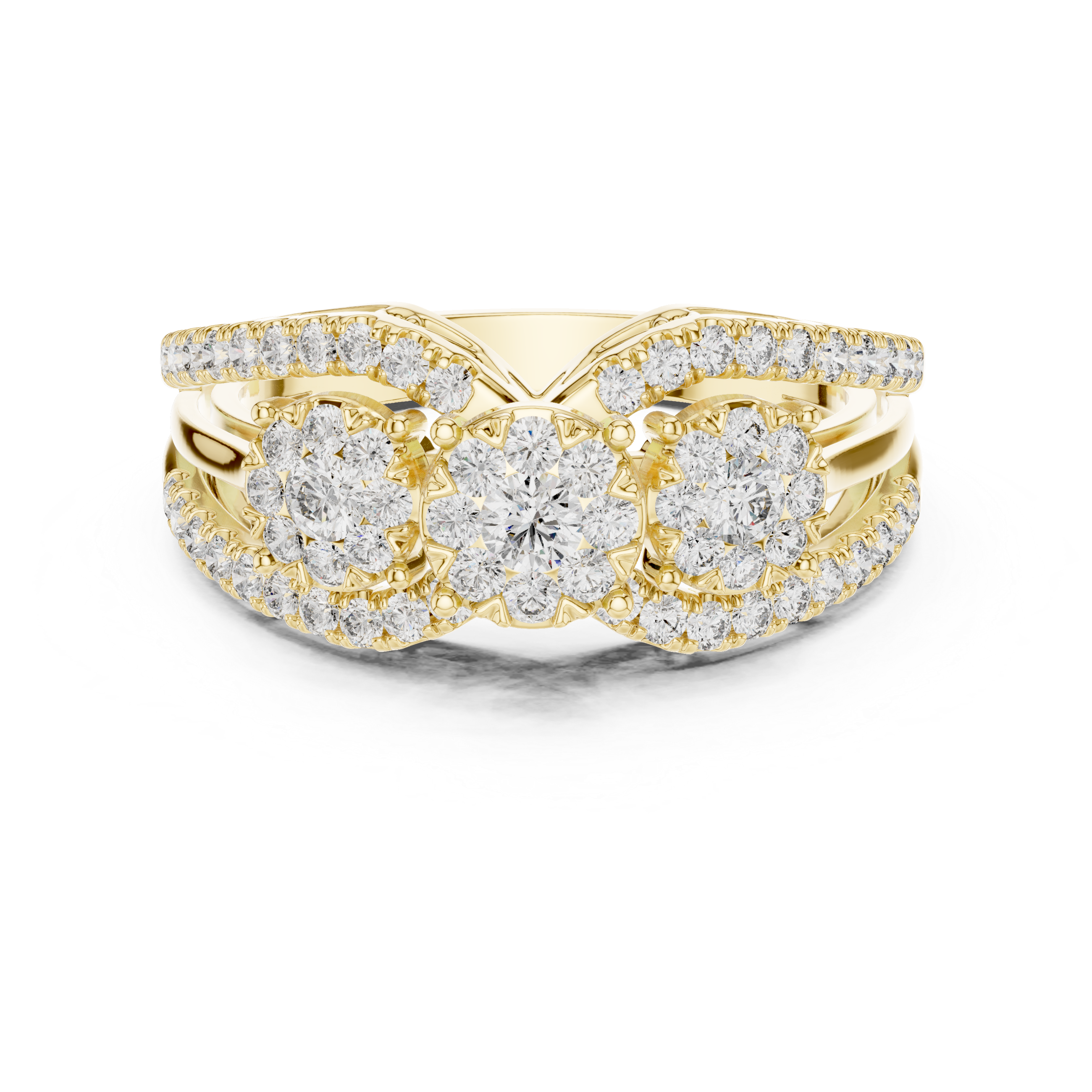 Sparkling diamond clusters and a split band design.
