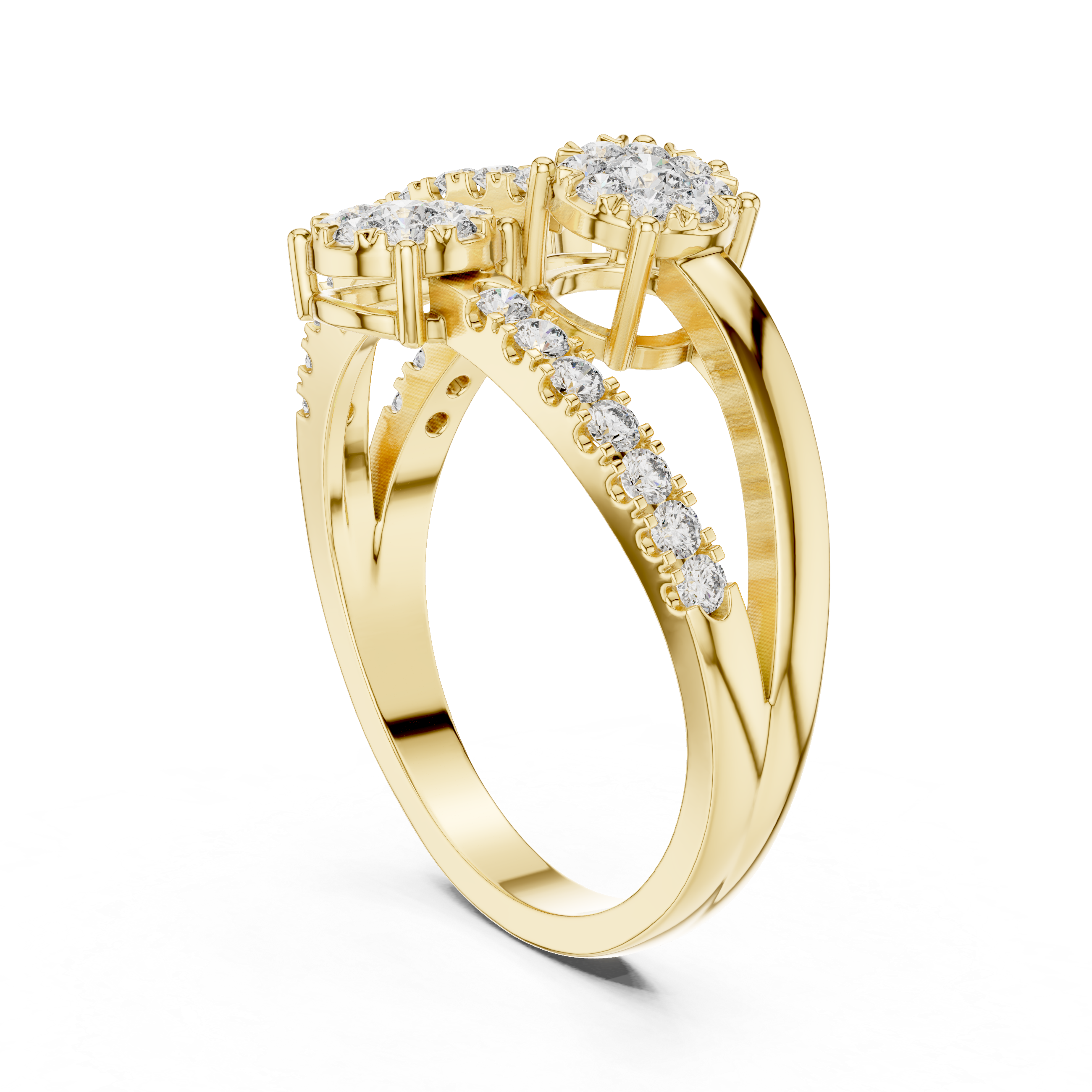 Triple diamond clusters and a split diamond-studded band.