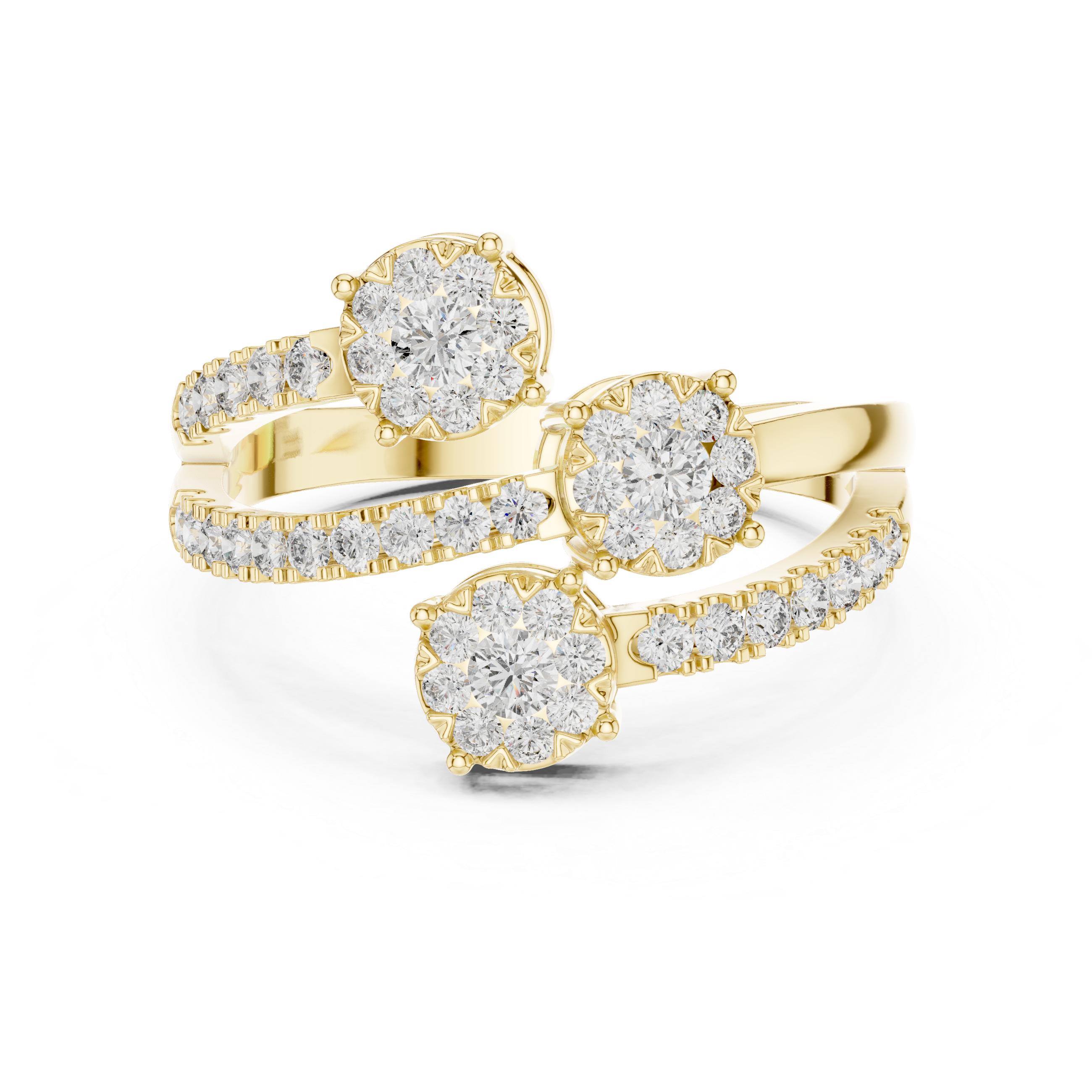 Triple diamond clusters and a split diamond-studded band.