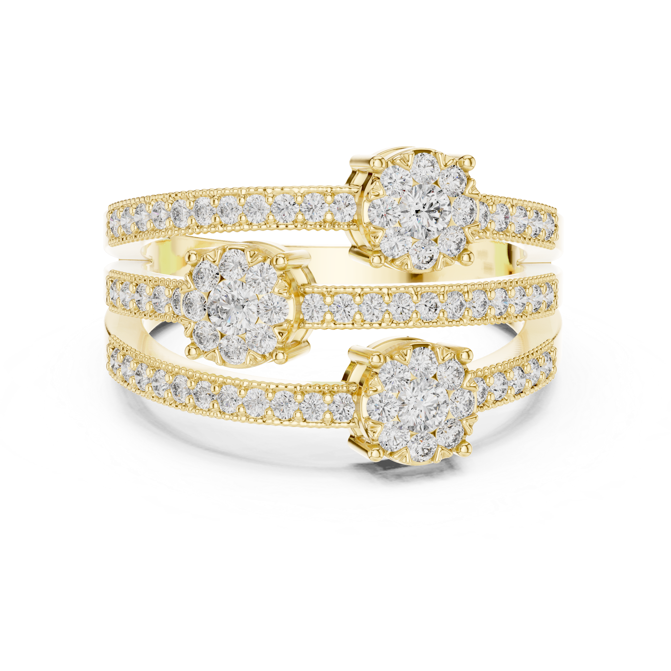 Triple cluster diamond ring with split diamond-studded bands.