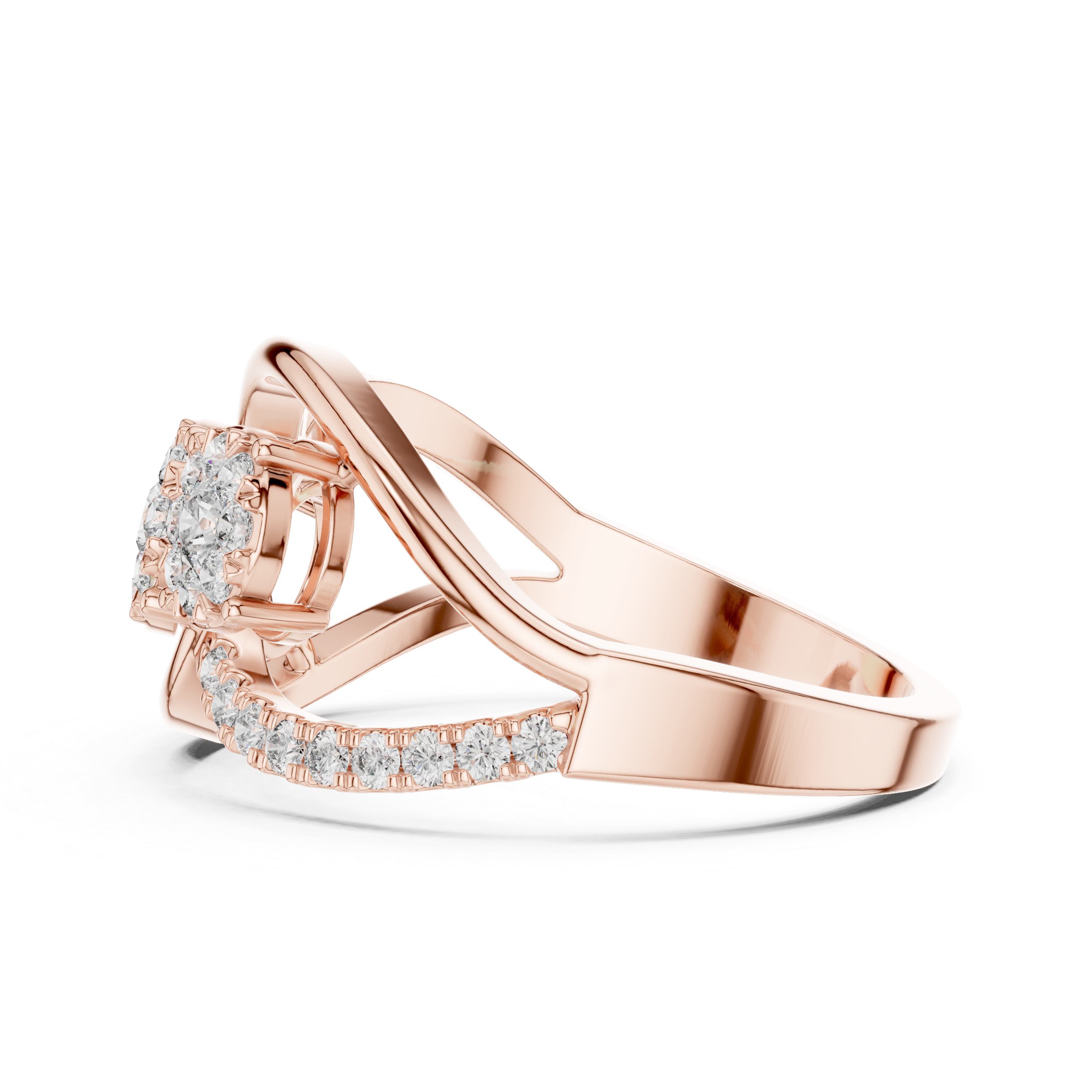 Cluster diamond ring with sparkling diamond accents on a split shank band.