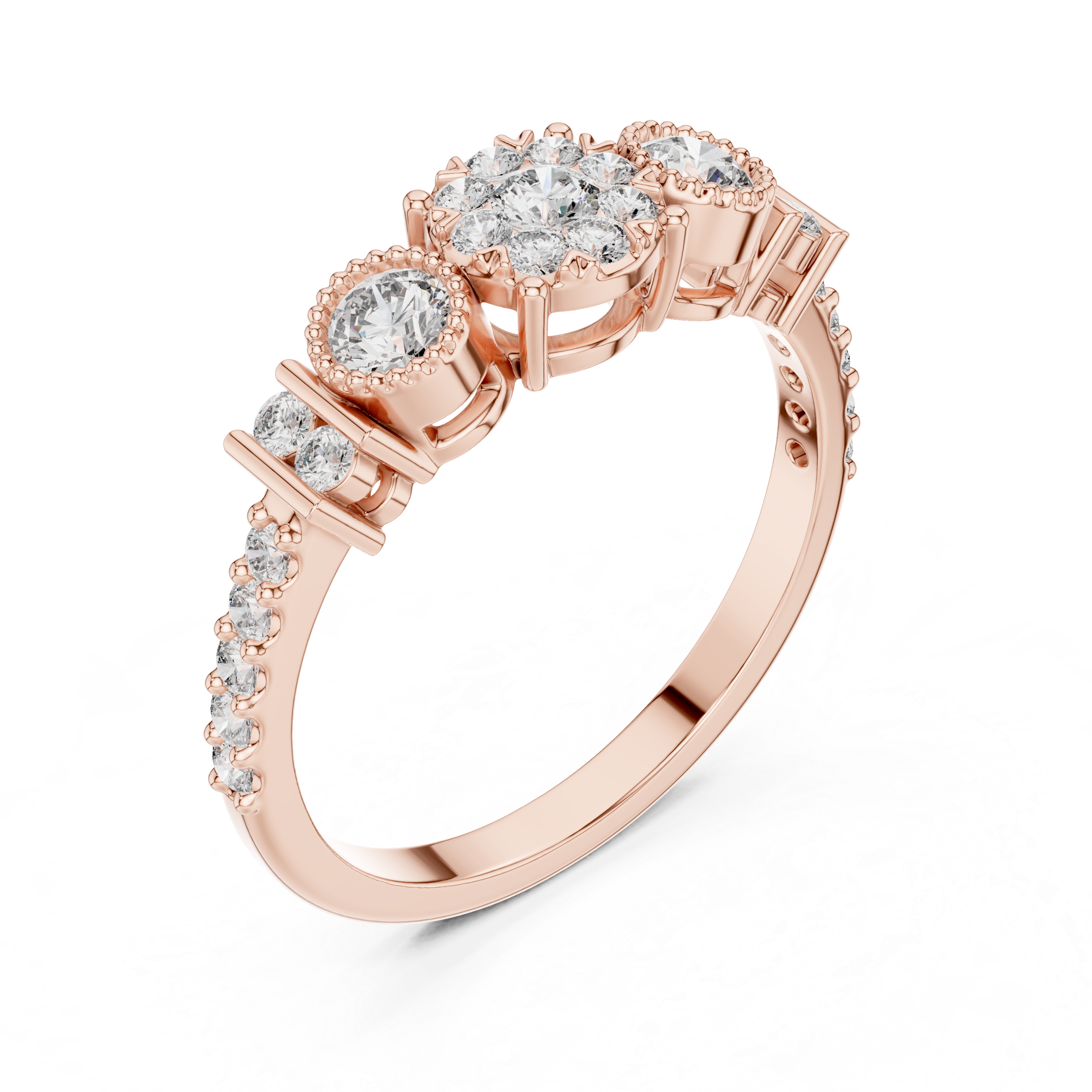 Cluster diamond ring with halo accents.