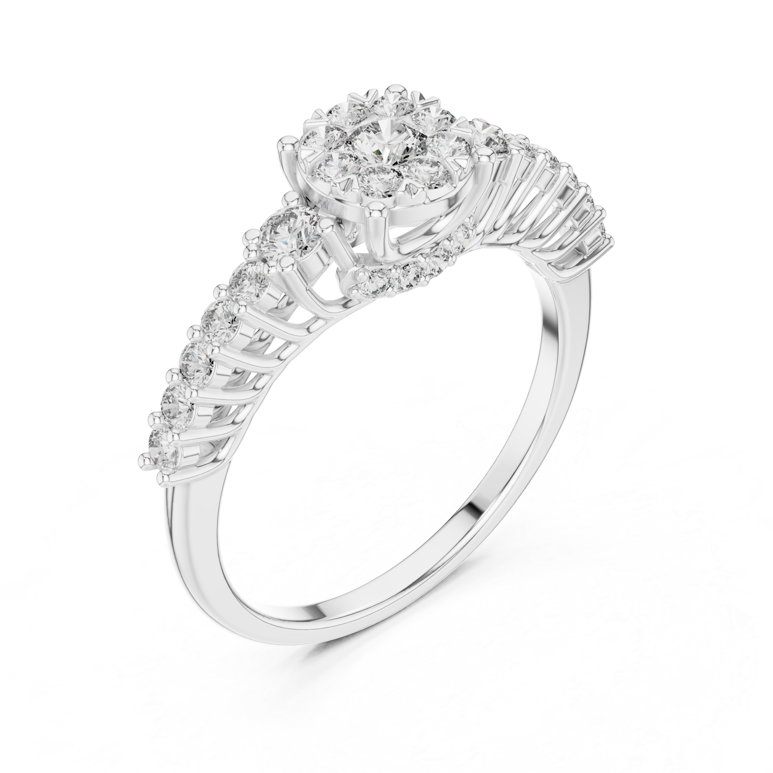 Cluster center diamond and unique split-shank diamond-accented band.