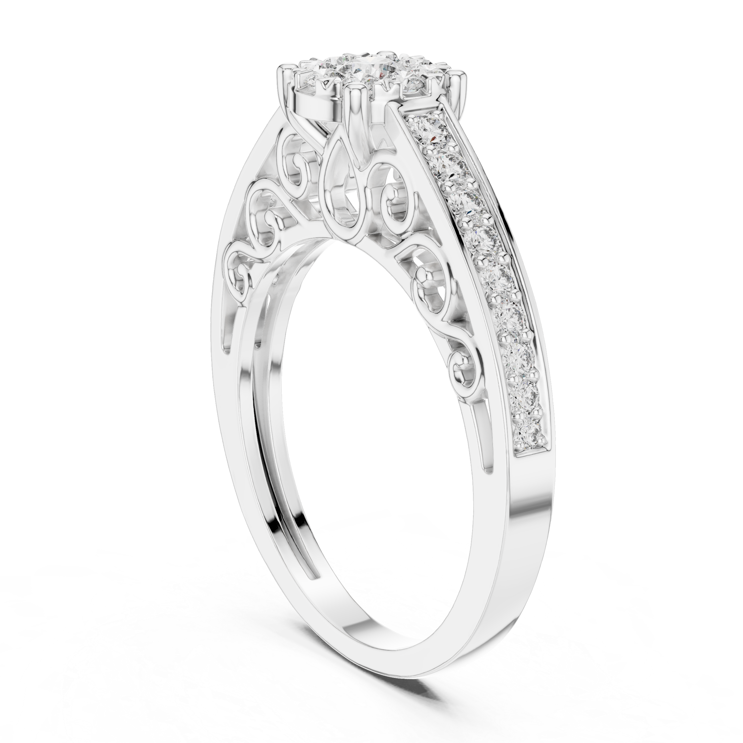 Cluster diamond and intricate filigree detailing on the band.