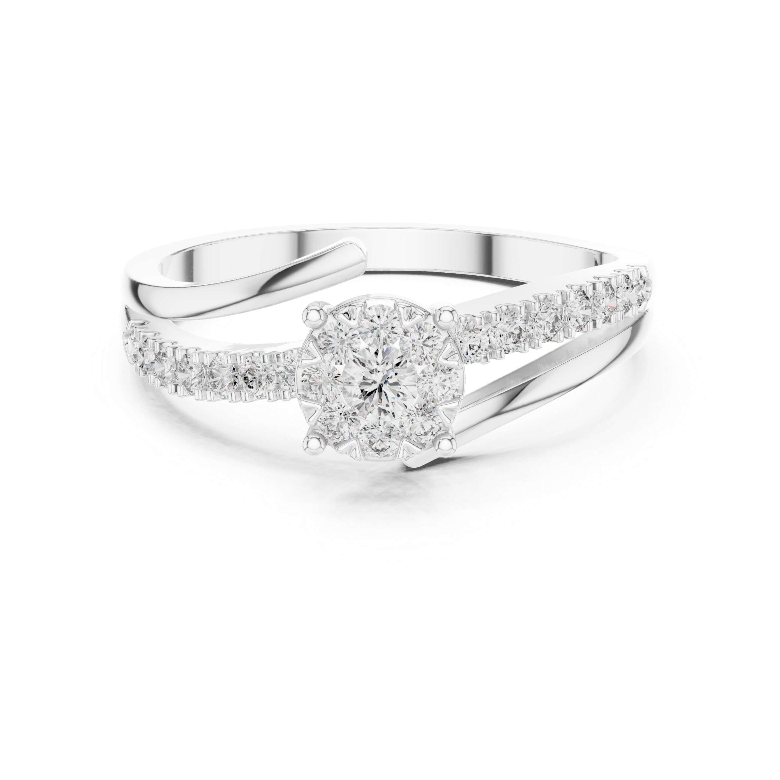Floral diamond cluster and diamond-studded split band.