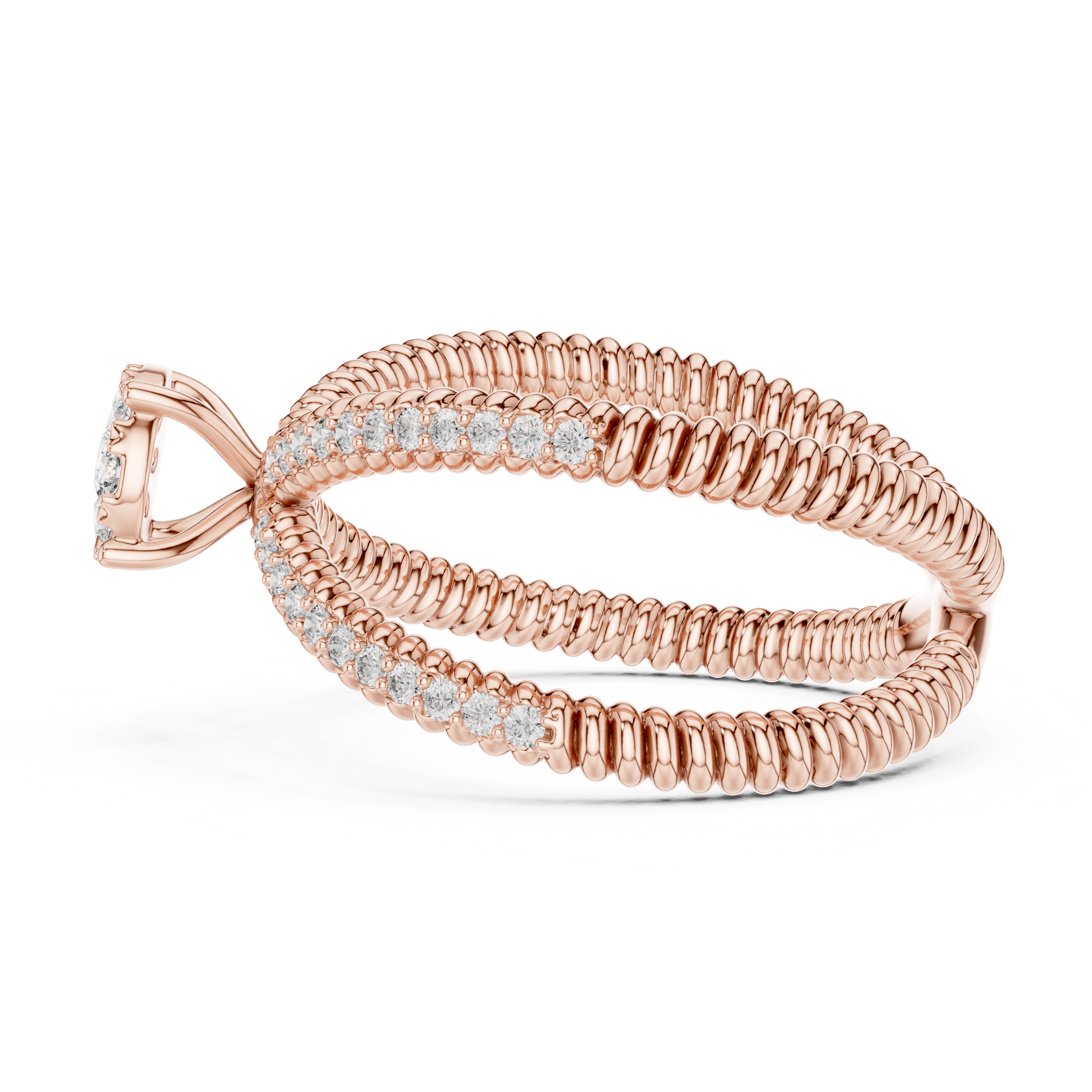 Twist Band Ring with Floral Diamond Cluster and Pave Diamonds.